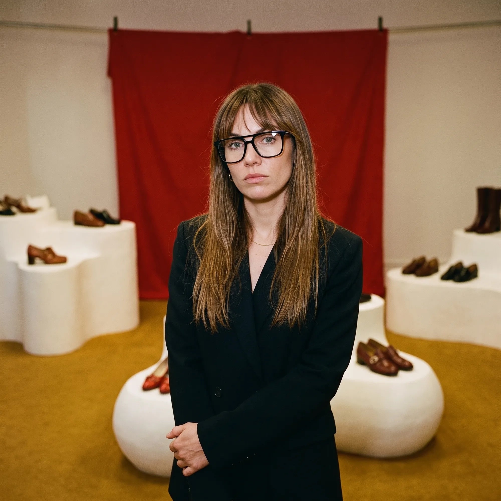 Anteojos Fiore 10177 en negro, en modelo – retrato de campaña, escena de galería con cortina roja y pedestales