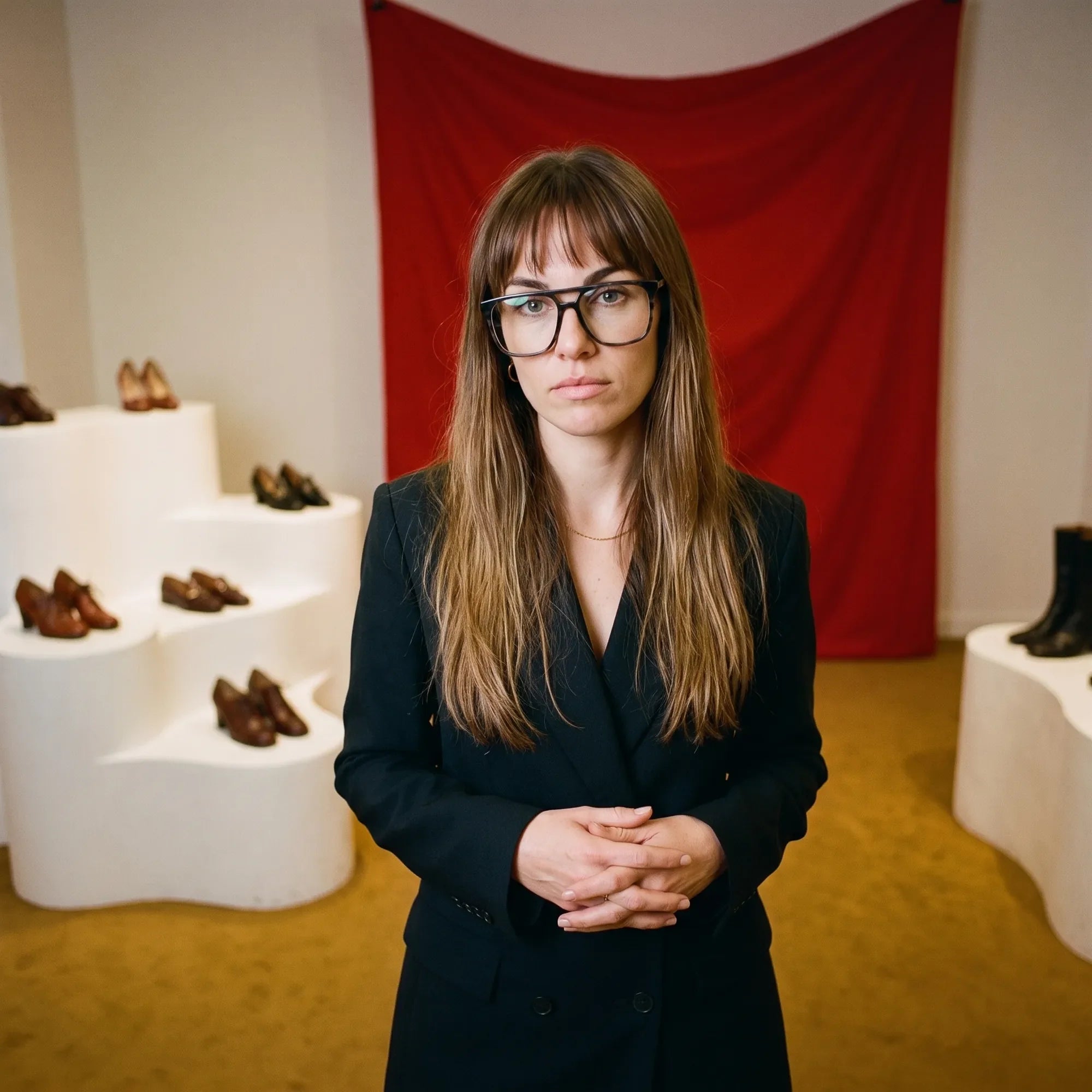 Anteojos Fiore 10177 en gris, en modelo – retrato de campaña, escena de galería con cortina roja y pedestales