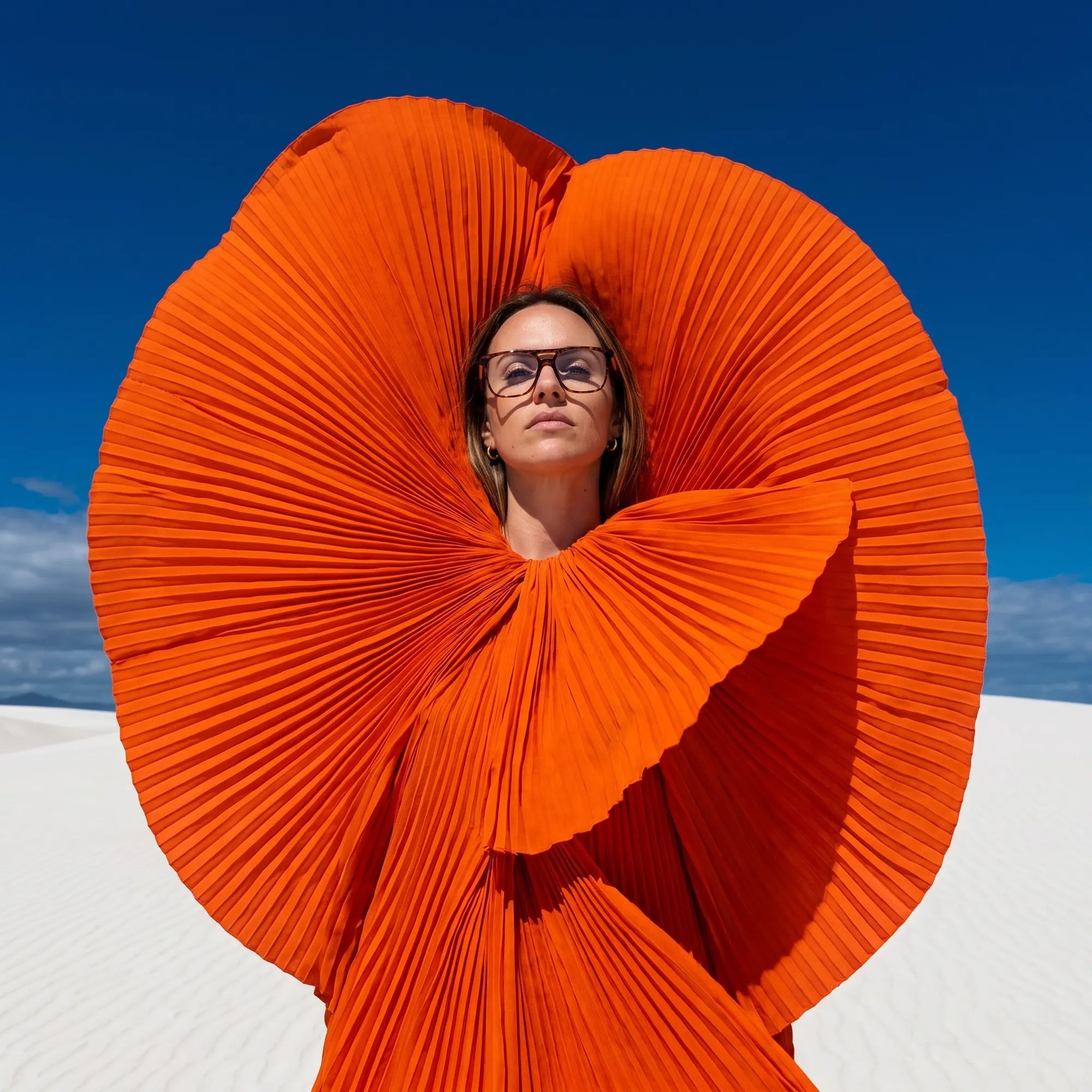 Anteojos Fiore 10177 en tortoiseshell, en modelo – retrato de campaña, abanico plisado naranja escultórico sobre dunas blancas