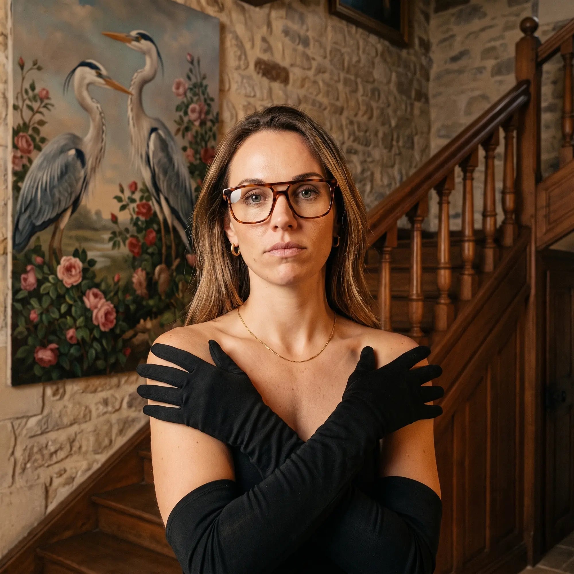 Anteojos Fiore 10177 en tortoiseshell, en modelo – retrato de campaña, interior señorial, pintura de garza y guantes de ópera