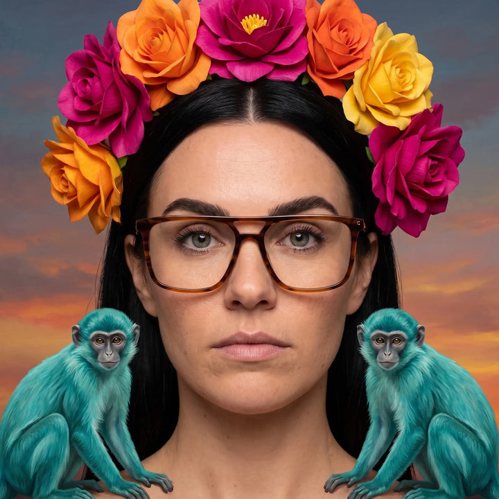 Anteojos Fiore 10177 en tortoiseshell, en modelo – retrato de campaña, retrato pictórico surrealista con corona de flores