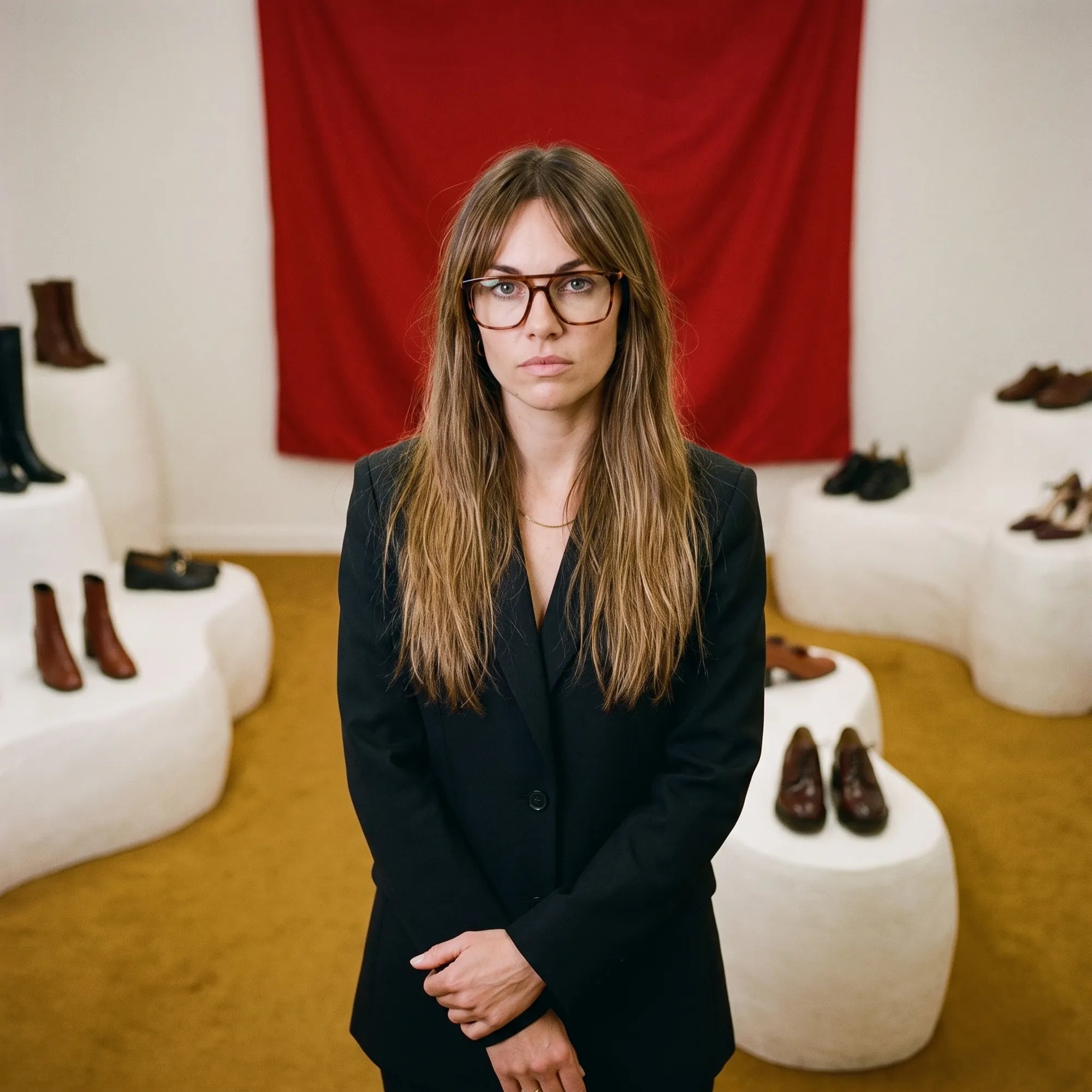 Anteojos Fiore 10177 en tortoiseshell, en modelo – retrato de campaña, escena de galería con cortina roja y pedestales