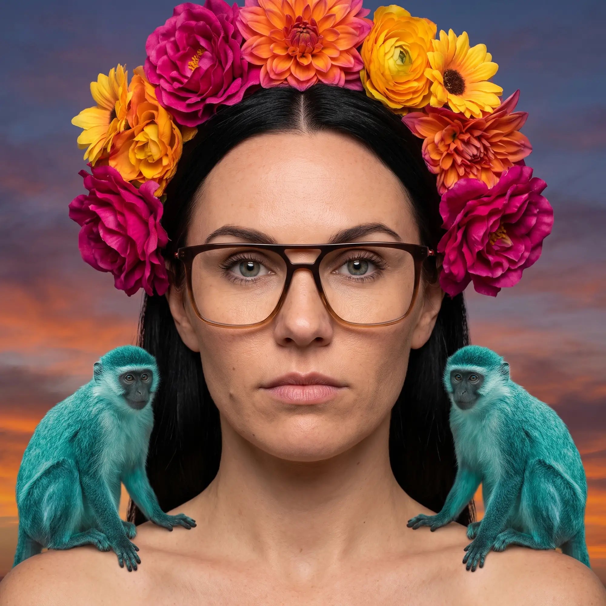 Anteojos Fiore 10177 en café, en modelo – retrato de campaña, retrato pictórico surrealista con corona de flores