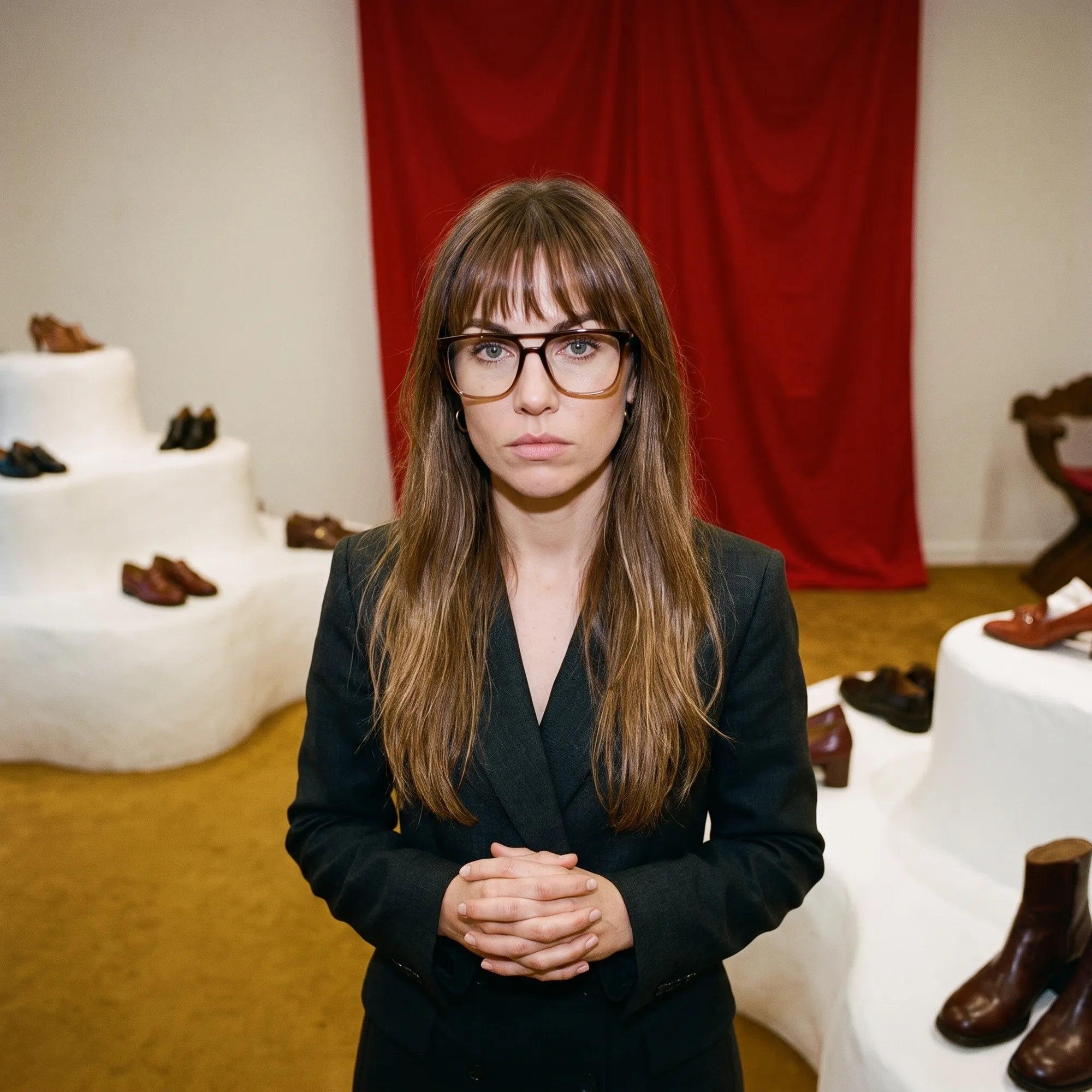 Anteojos Fiore 10177 en café, en modelo – retrato de campaña, escena de galería con cortina roja y pedestales