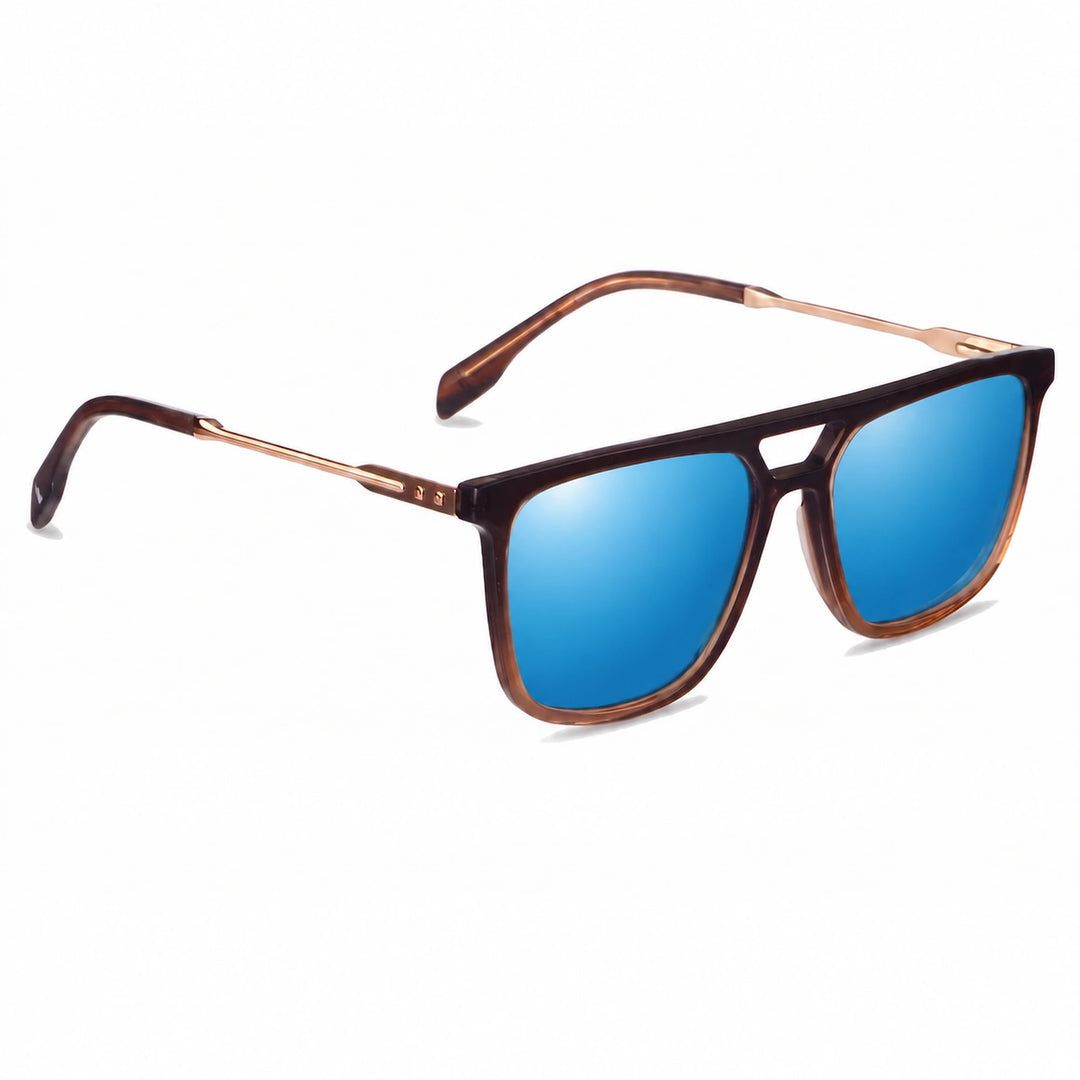 Lentes de sol Fiore 10177 Brown con cristal espejado azul polarizado UV400, vista en tres cuartos para hombre y mujer #color_espejado-azul