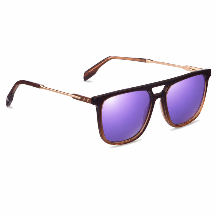 Lentes de sol Fiore 10177 Brown con cristal espejado morado polarizado UV400, vista en tres cuartos para hombre y mujer #color_espejado-morado