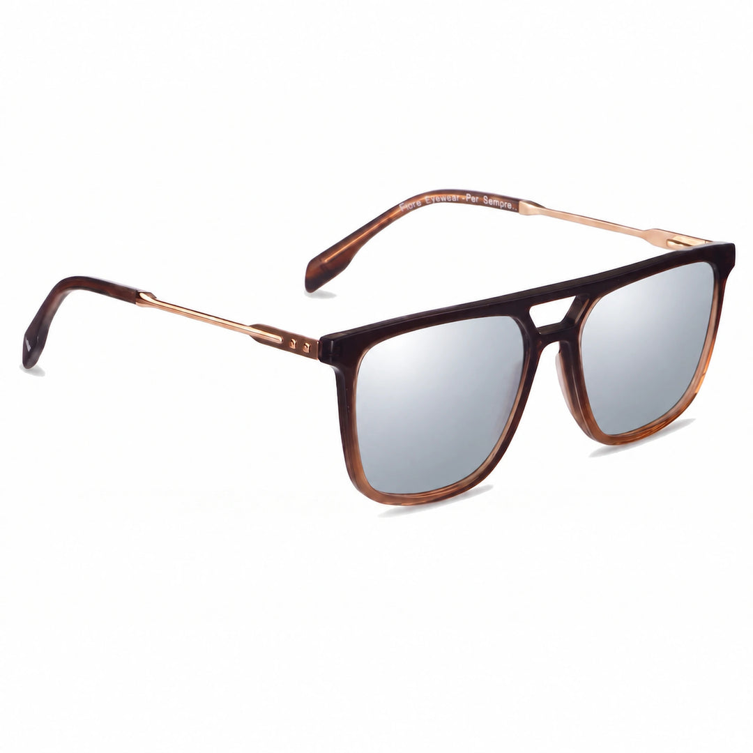 Lentes de sol Fiore 10177 Brown con cristal espejado silver polarizado UV400, vista en tres cuartos para hombre y mujer #color_espejado-silver