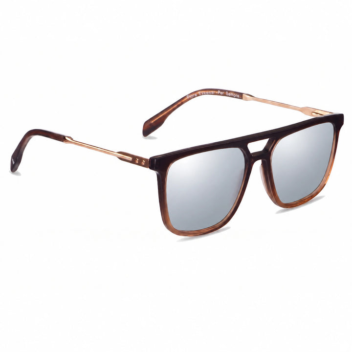 Lentes de sol Fiore 10177 Brown con cristal espejado silver polarizado UV400, vista en tres cuartos para hombre y mujer #color_espejado-silver