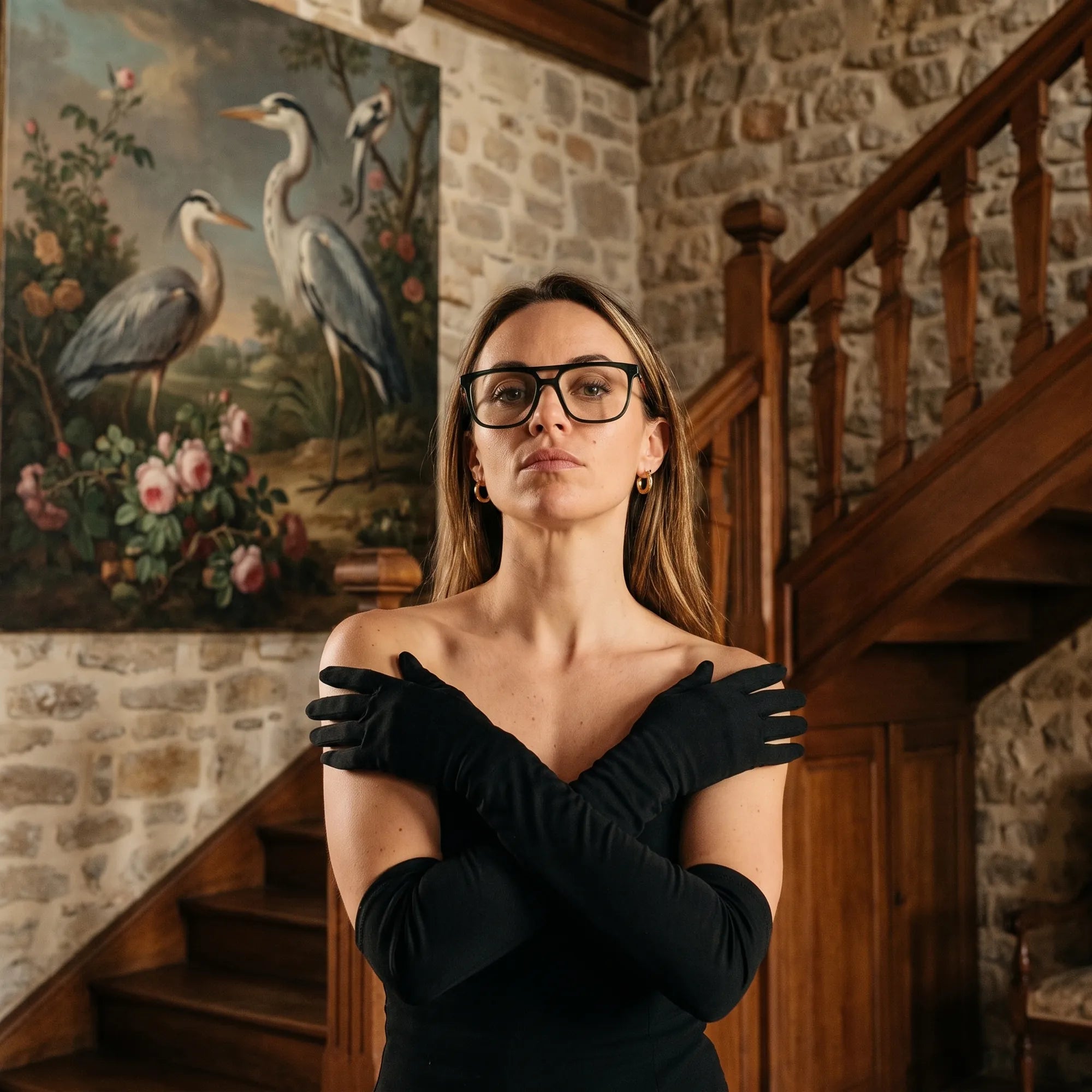 Anteojos Fiore 10177 en verde, en modelo – retrato de campaña, interior señorial, pintura de garza y guantes de ópera