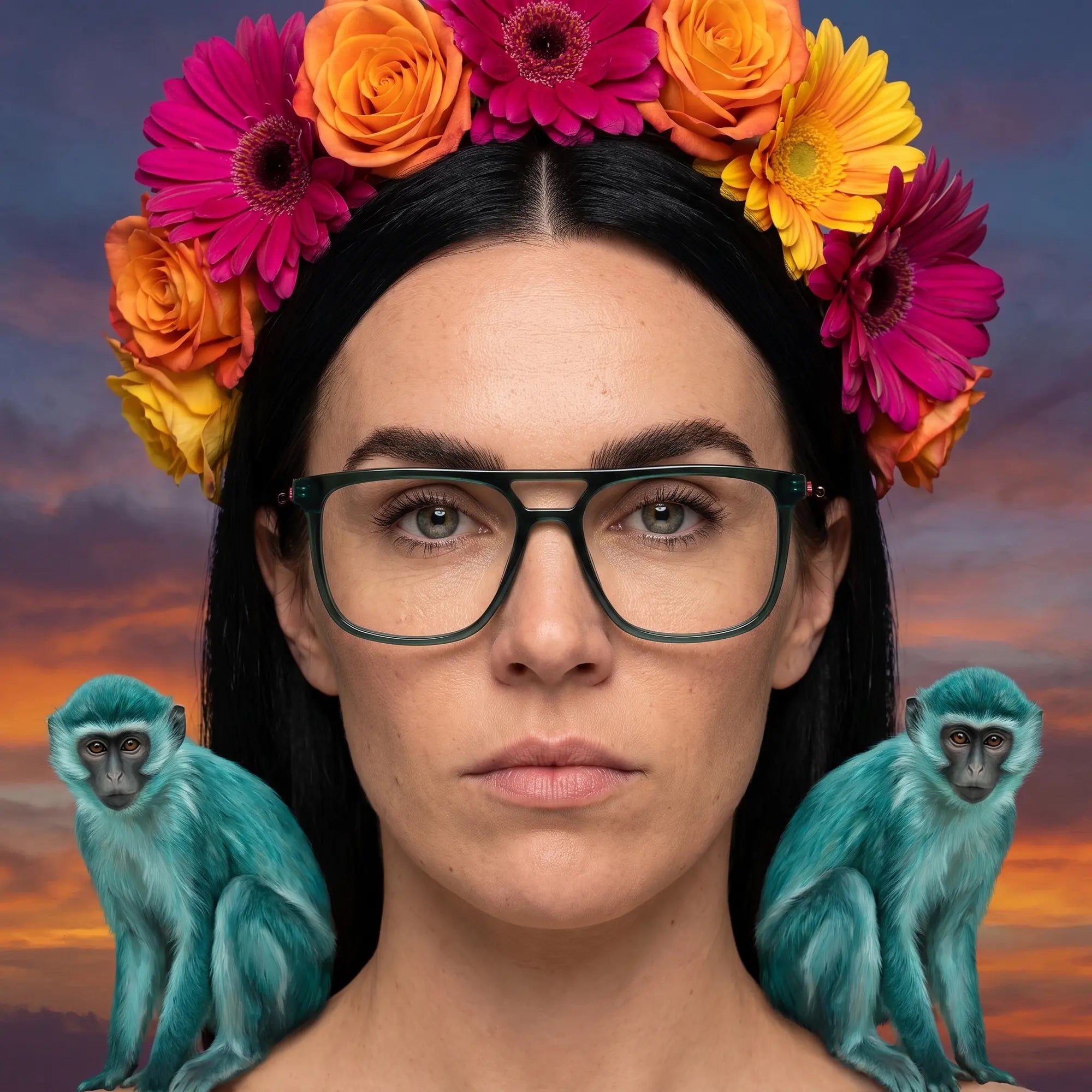 Anteojos Fiore 10177 en verde, en modelo – retrato de campaña, retrato pictórico surrealista con corona de flores