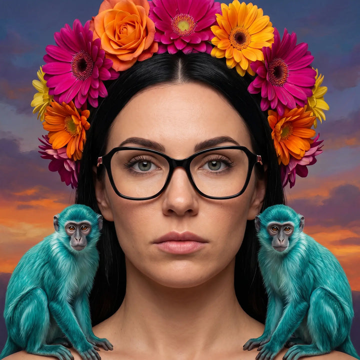 Anteojos Fiore 1030 en negro, en modelo – retrato de campaña, retrato pictórico surrealista con corona de flores