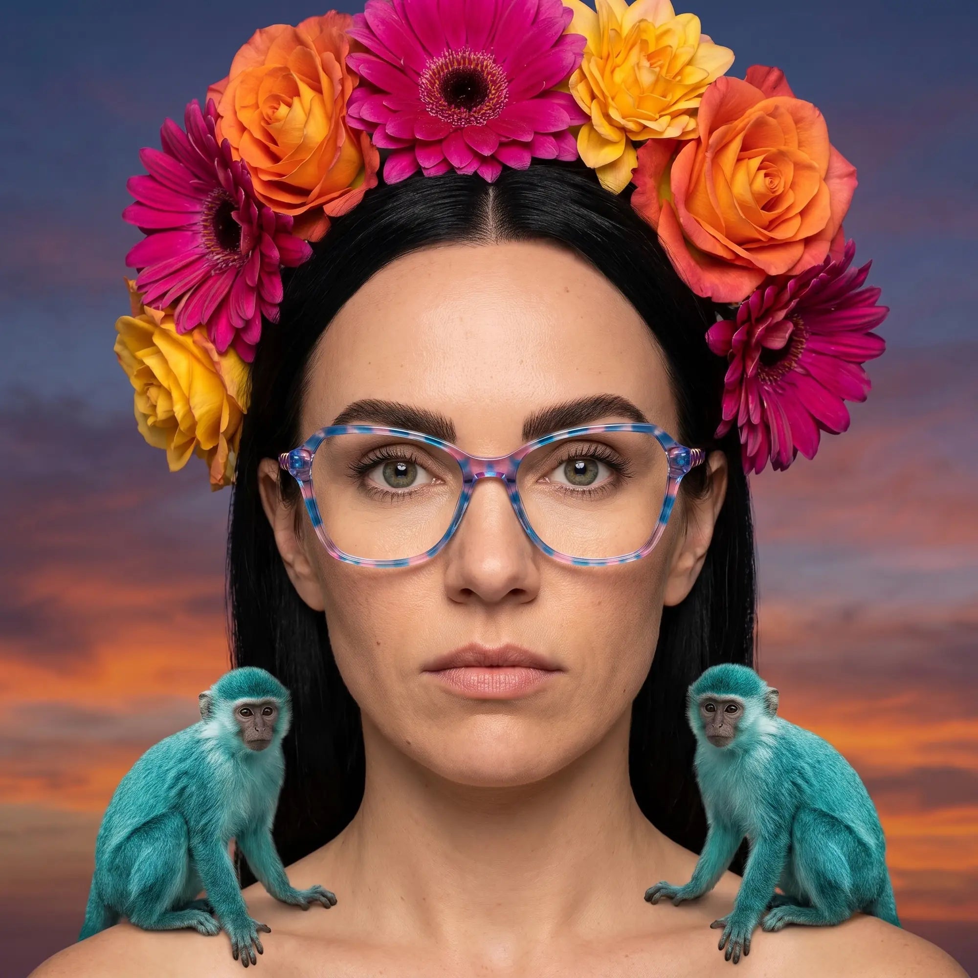 Anteojos Fiore 1030 en blue pink, en modelo – retrato de campaña, retrato pictórico surrealista con corona de flores