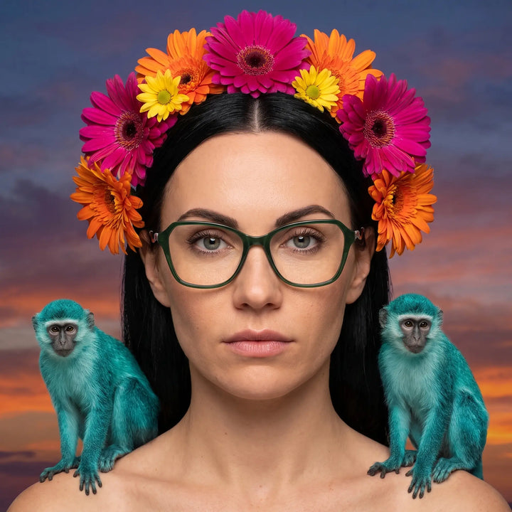 Anteojos Fiore 1030 en verde, en modelo – retrato de campaña, retrato pictórico surrealista con corona de flores