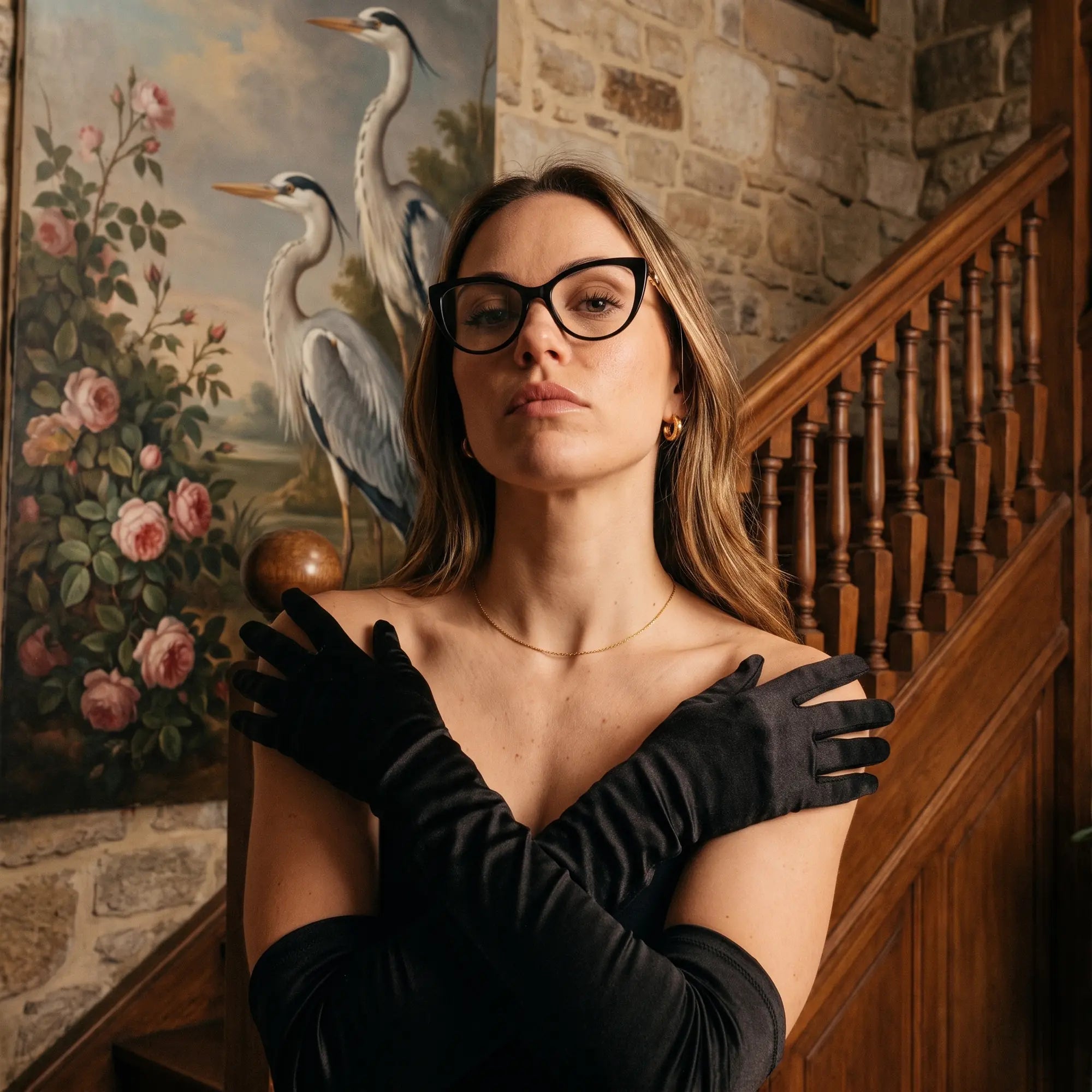 Anteojos Fiore 1031 en negro, en modelo – retrato de campaña, interior señorial, pintura de garza y guantes de ópera