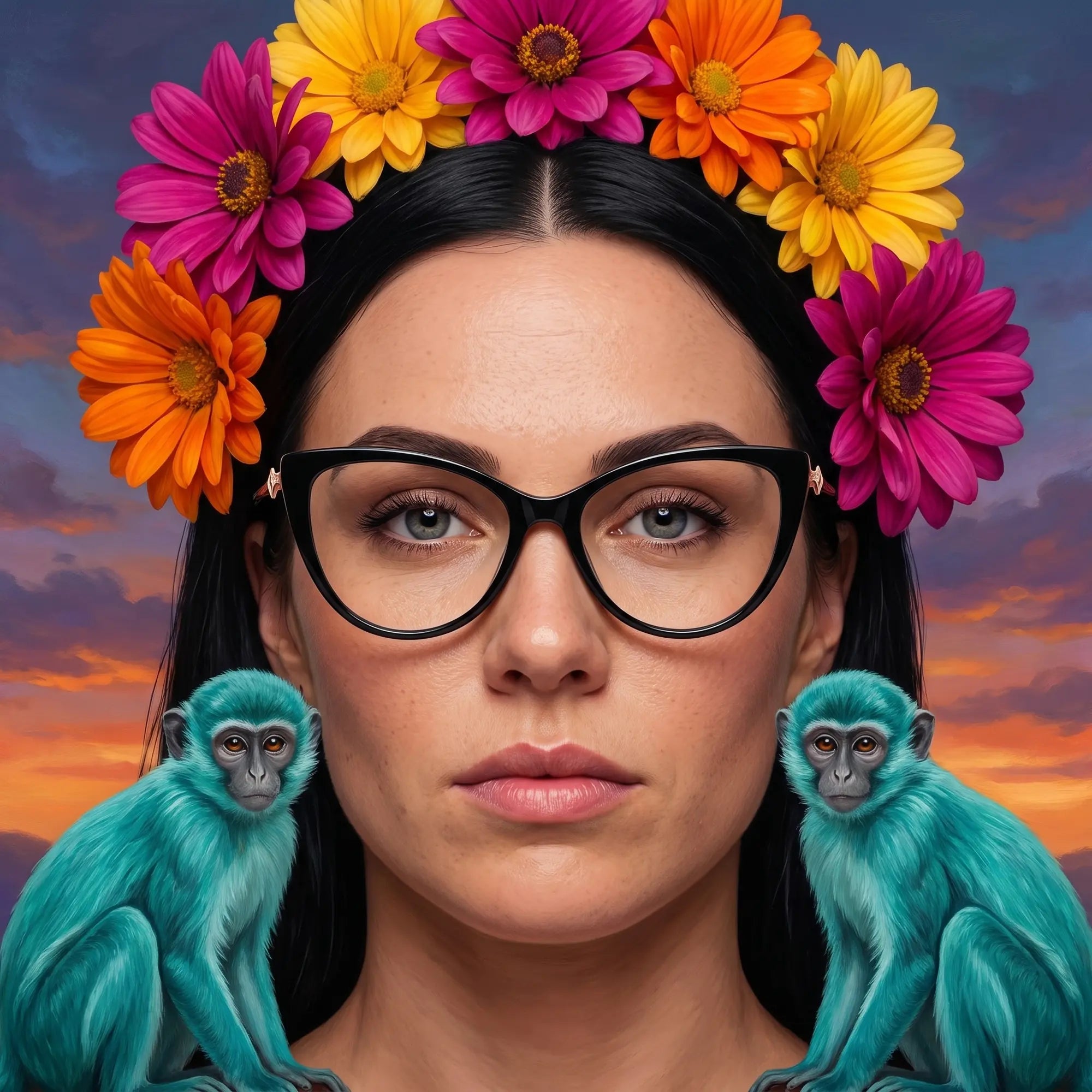 Anteojos Fiore 1031 en negro, en modelo – retrato de campaña, retrato pictórico surrealista con corona de flores