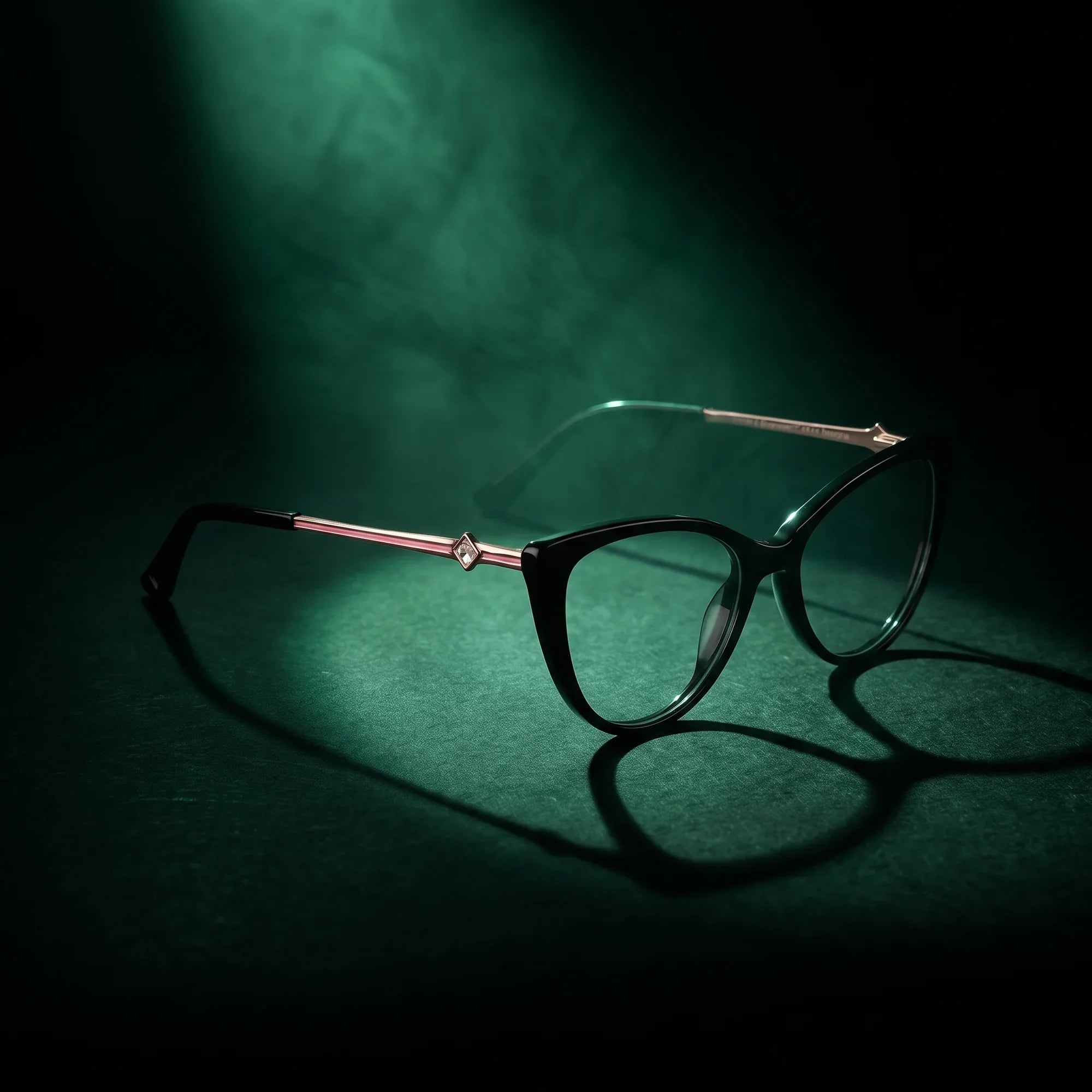 Anteojos Fiore 1031 en negro – bajo un haz de luz teatral