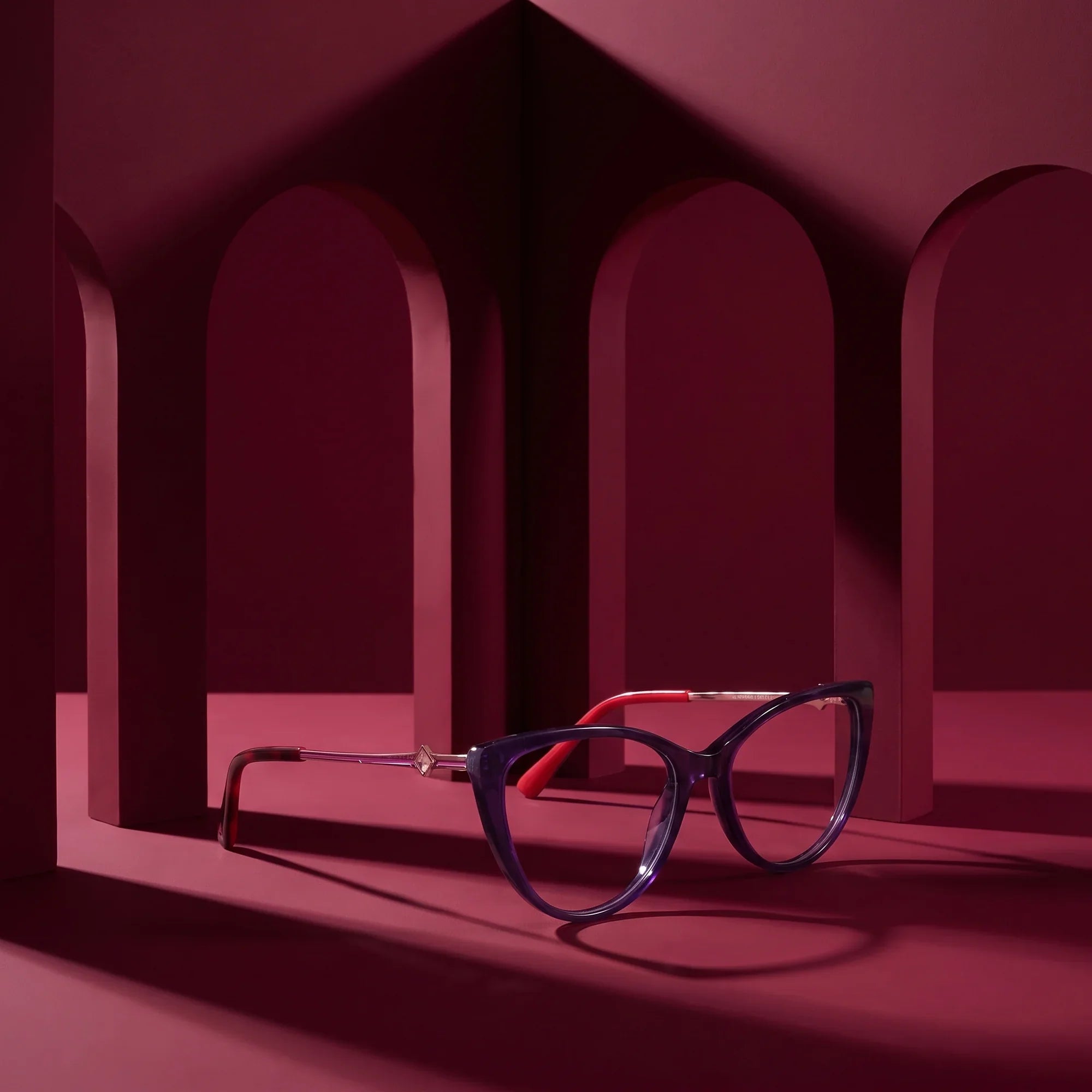 Anteojos Fiore 1031 en purple green – still life among monochrome burgundy arches
