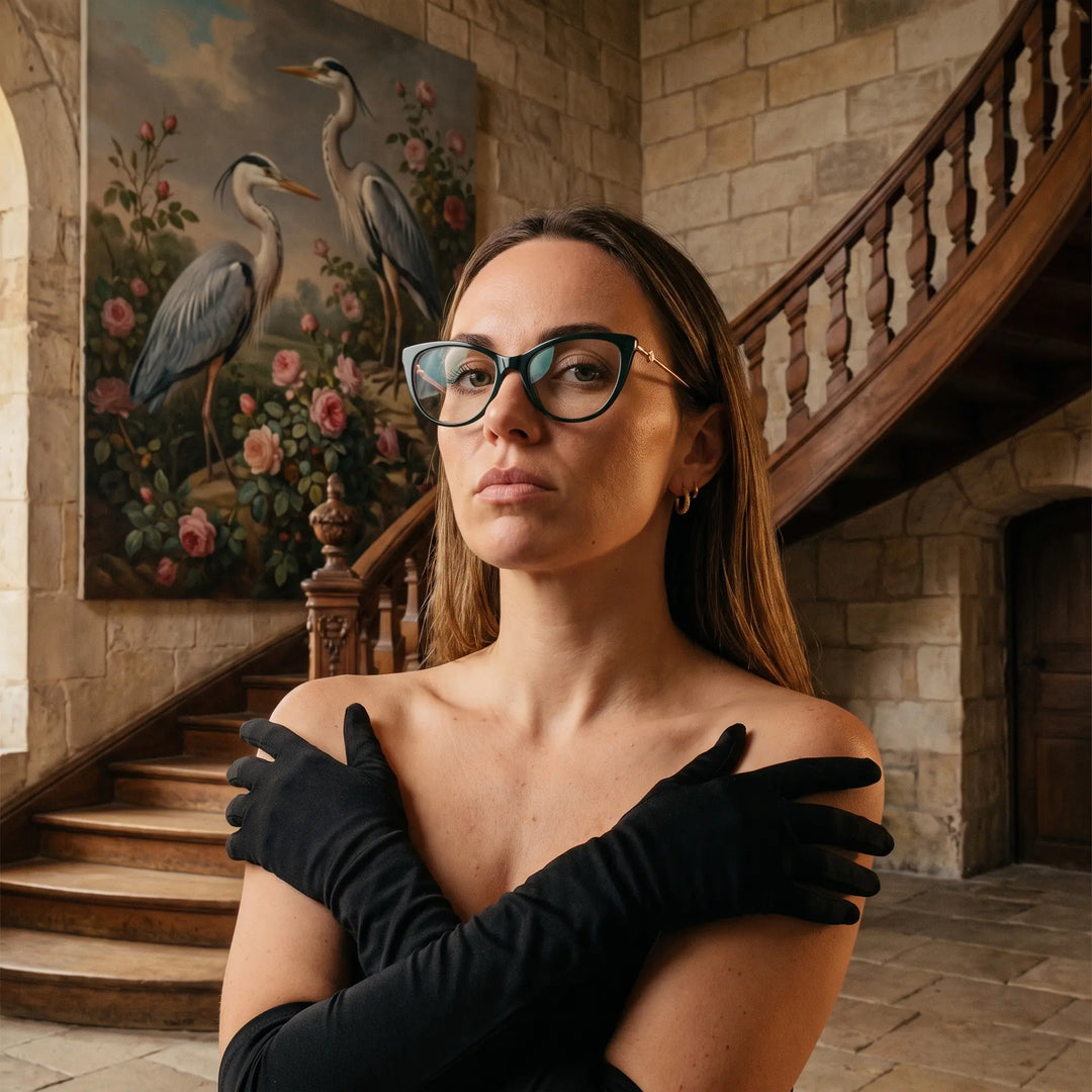 Anteojos Fiore 1031 en verde, en modelo – retrato de campaña, interior señorial, pintura de garza y guantes de ópera
