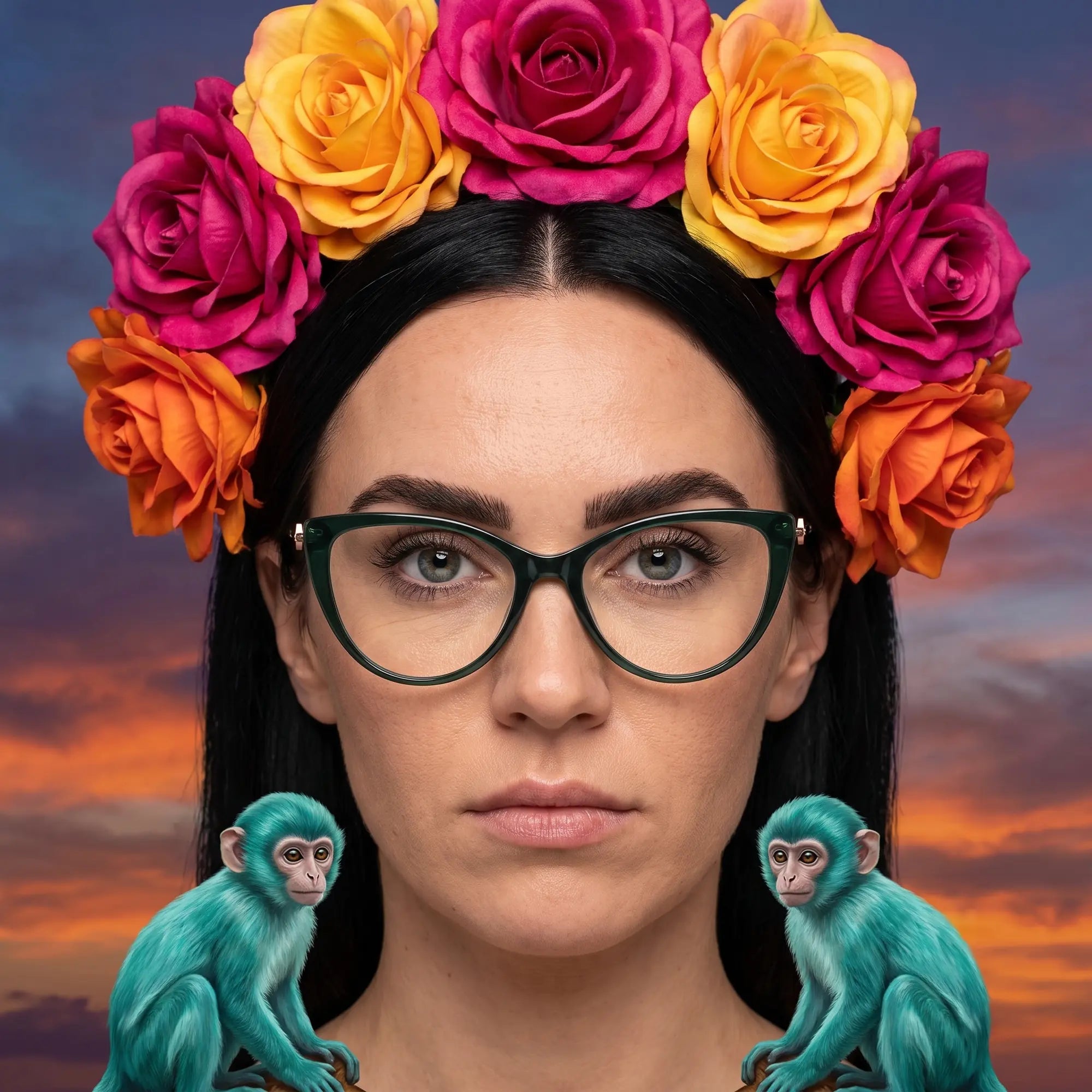 Anteojos Fiore 1031 en verde, en modelo – retrato de campaña, retrato pictórico surrealista con corona de flores