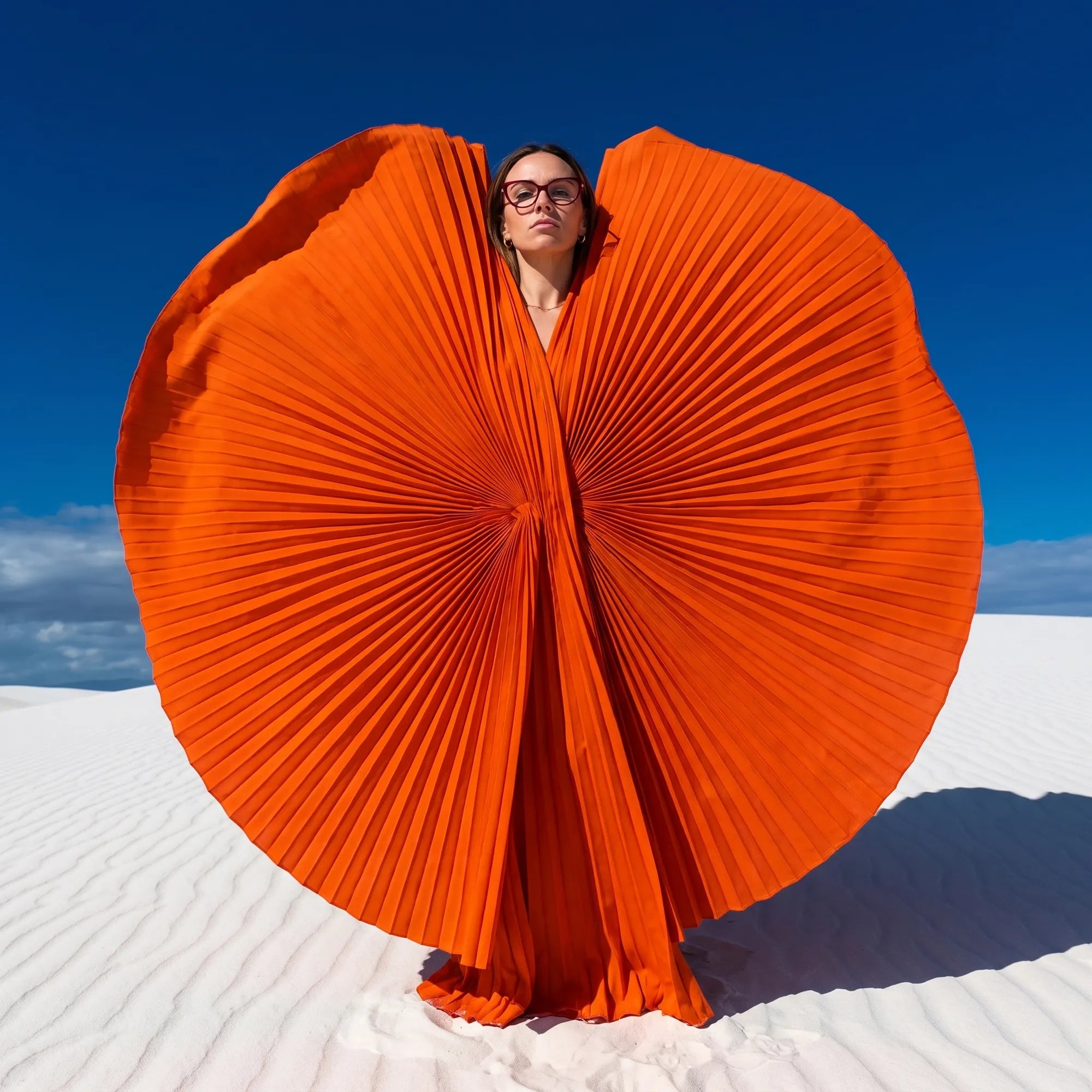Anteojos Fiore 1031 en rojo, en modelo – retrato de campaña, abanico plisado naranja escultórico sobre dunas blancas