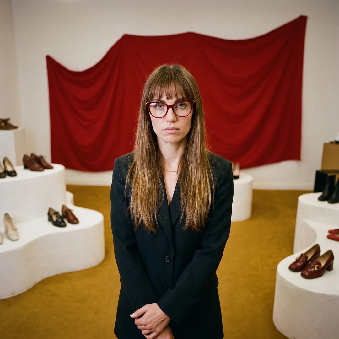 Anteojos Fiore 1031 en rojo, en modelo – retrato de campaña, escena de galería con cortina roja y pedestales