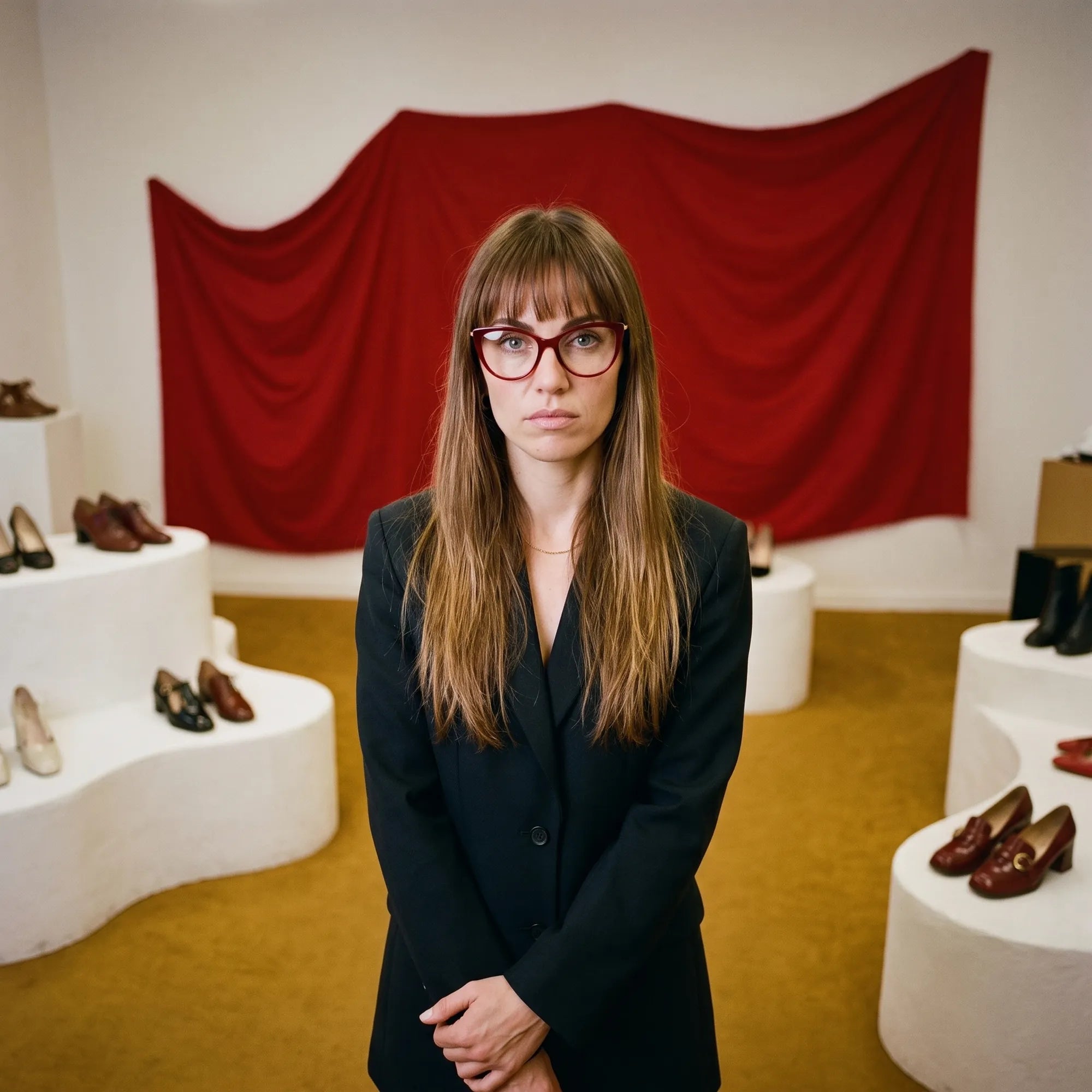 Anteojos Fiore 1031 en rojo, en modelo – retrato de campaña, escena de galería con cortina roja y pedestales