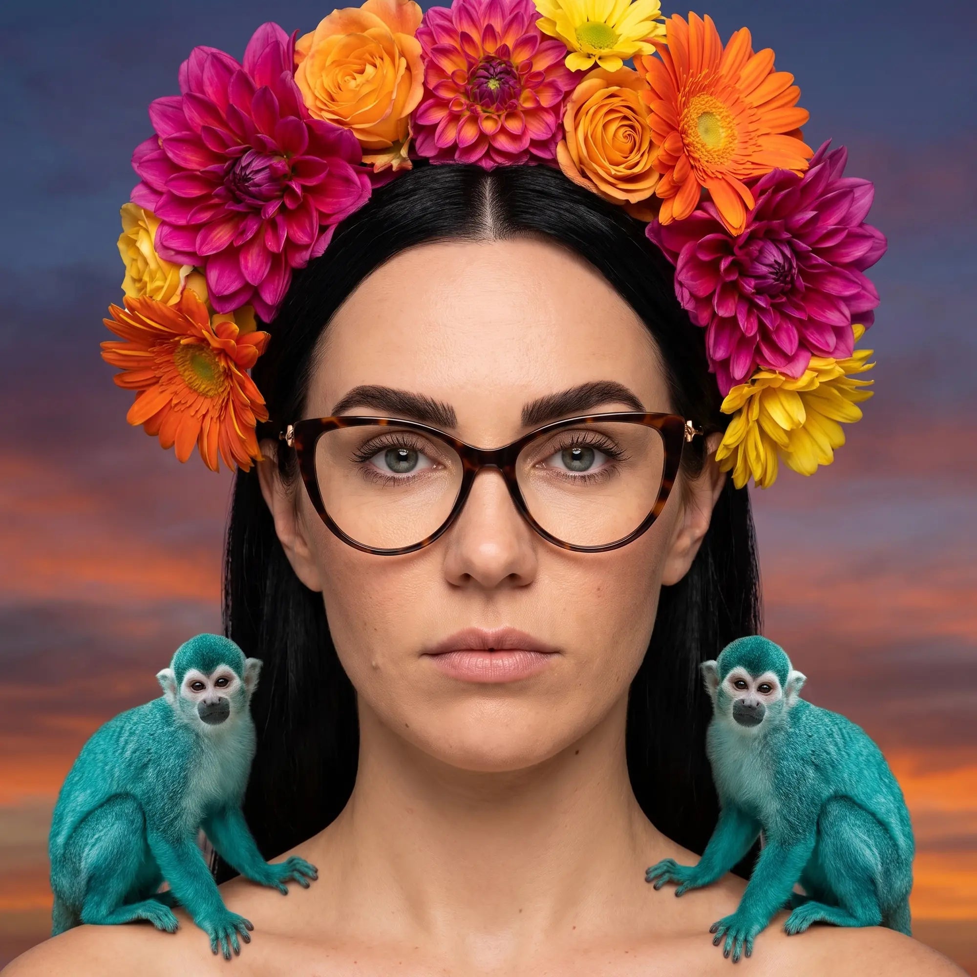 Anteojos Fiore 1031 en tortoiseshell, en modelo – retrato de campaña, retrato pictórico surrealista con corona de flores