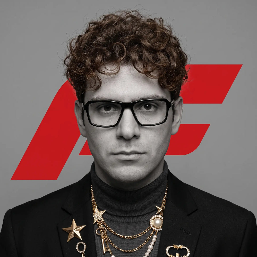 Anteojos Fiore 1038 en negro, en modelo – retrato de campaña, graphic studio portrait with bold red shapes