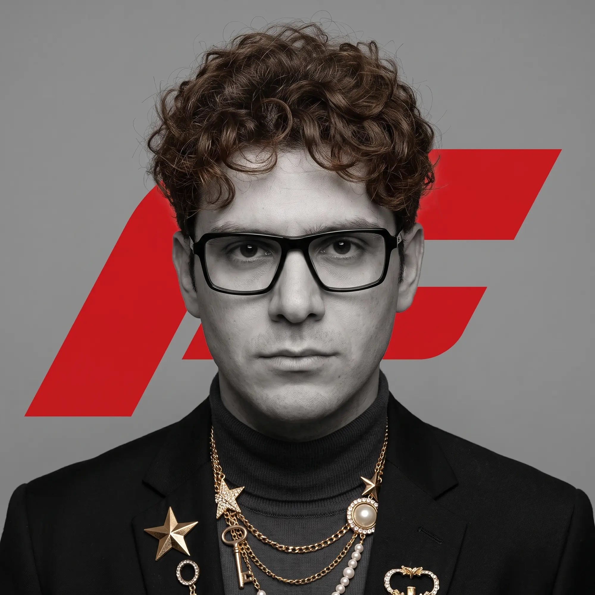 Anteojos Fiore 1038 en negro, en modelo – retrato de campaña, graphic studio portrait with bold red shapes