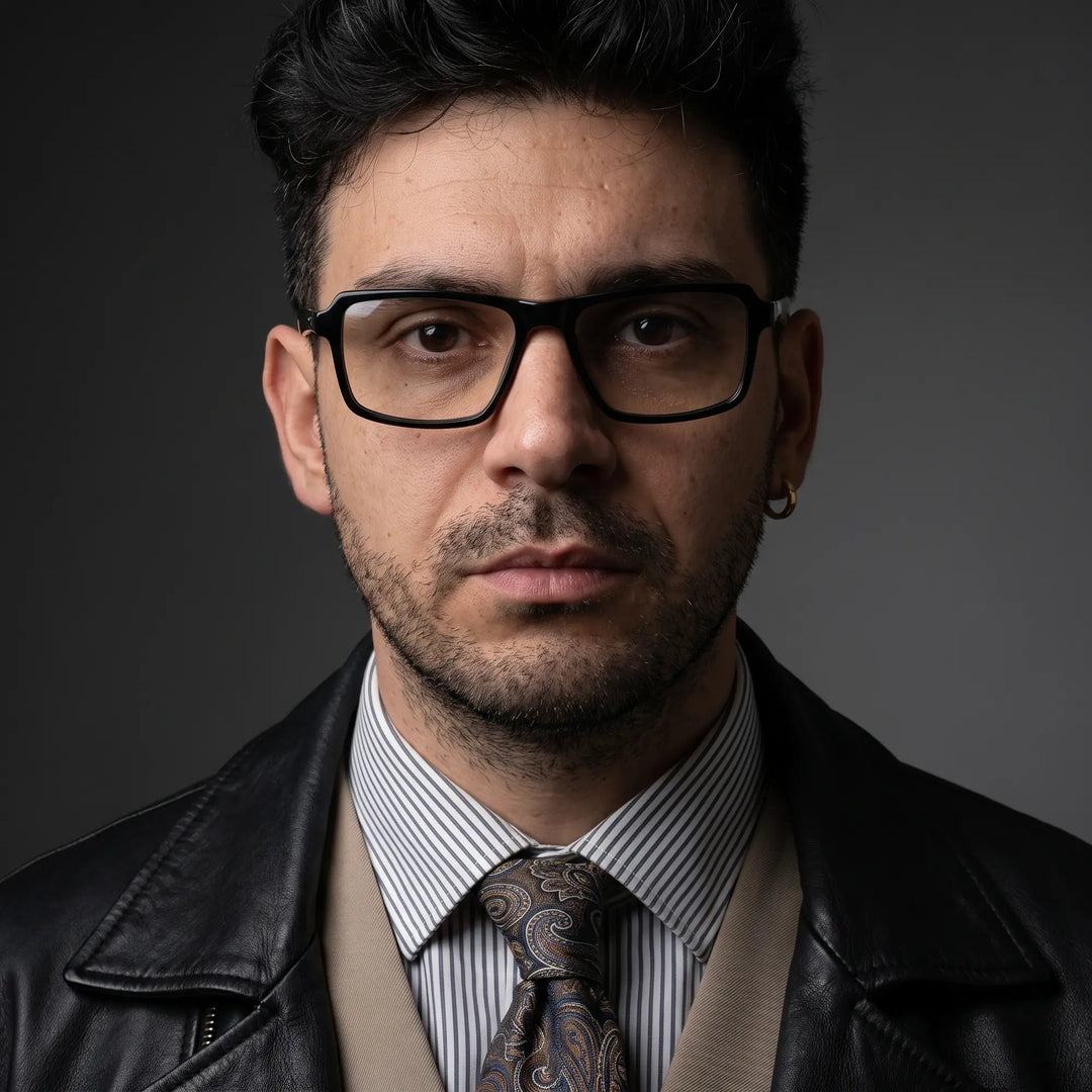 Anteojos Fiore 1038 en negro, en modelo – retrato de campaña, minimal studio portrait in soft daylight
