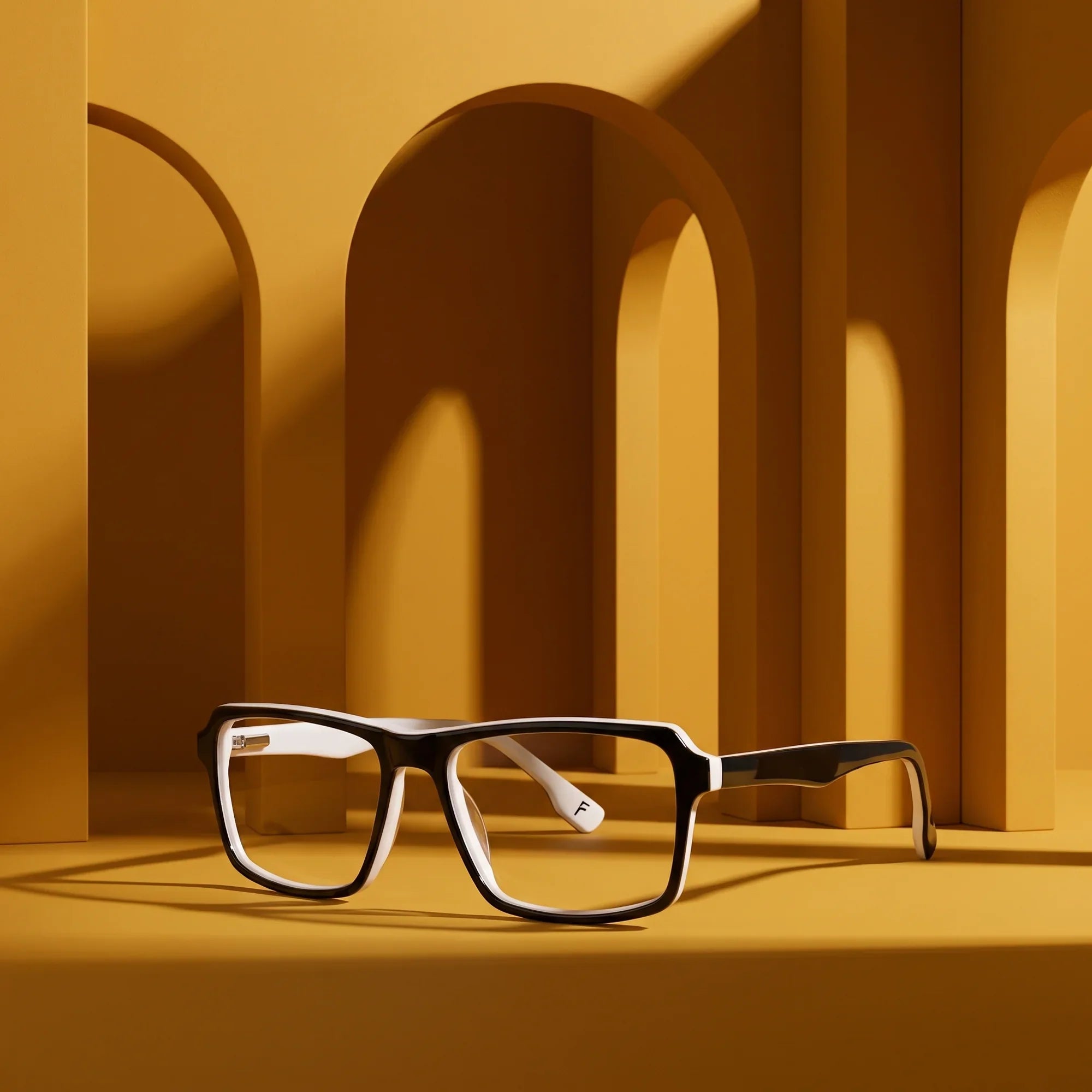 Anteojos Fiore 1038 en black white – displayed on a mustard ochre podium among arches