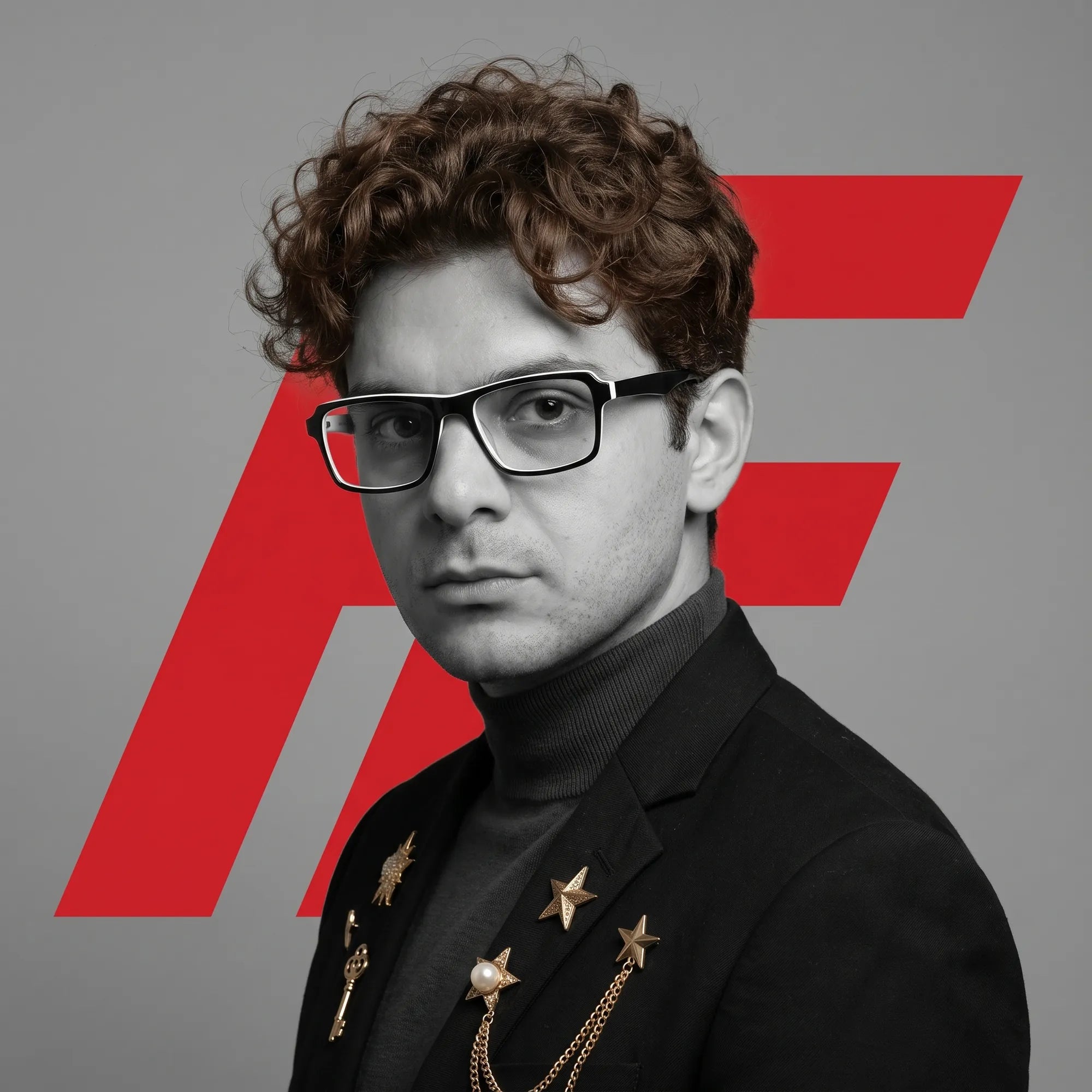Anteojos Fiore 1038 en black white, en modelo – retrato de campaña, graphic studio portrait with bold red shapes