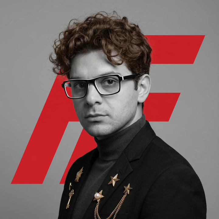 Anteojos Fiore 1038 en negro blanco, en modelo – retrato de campaña, graphic studio portrait with bold red shapes