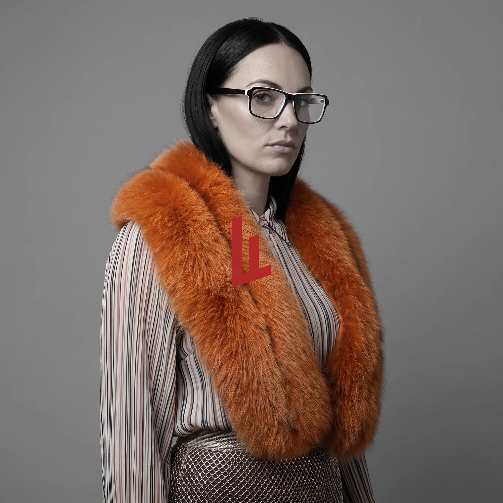 Anteojos Fiore 1038 en black white, en modelo – retrato de campaña, bold studio pose in vintage tweed