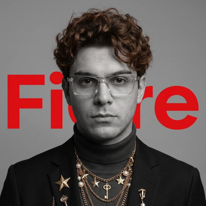 Anteojos Fiore 1038 en transparent, en modelo – retrato de campaña, graphic studio portrait with bold red shapes