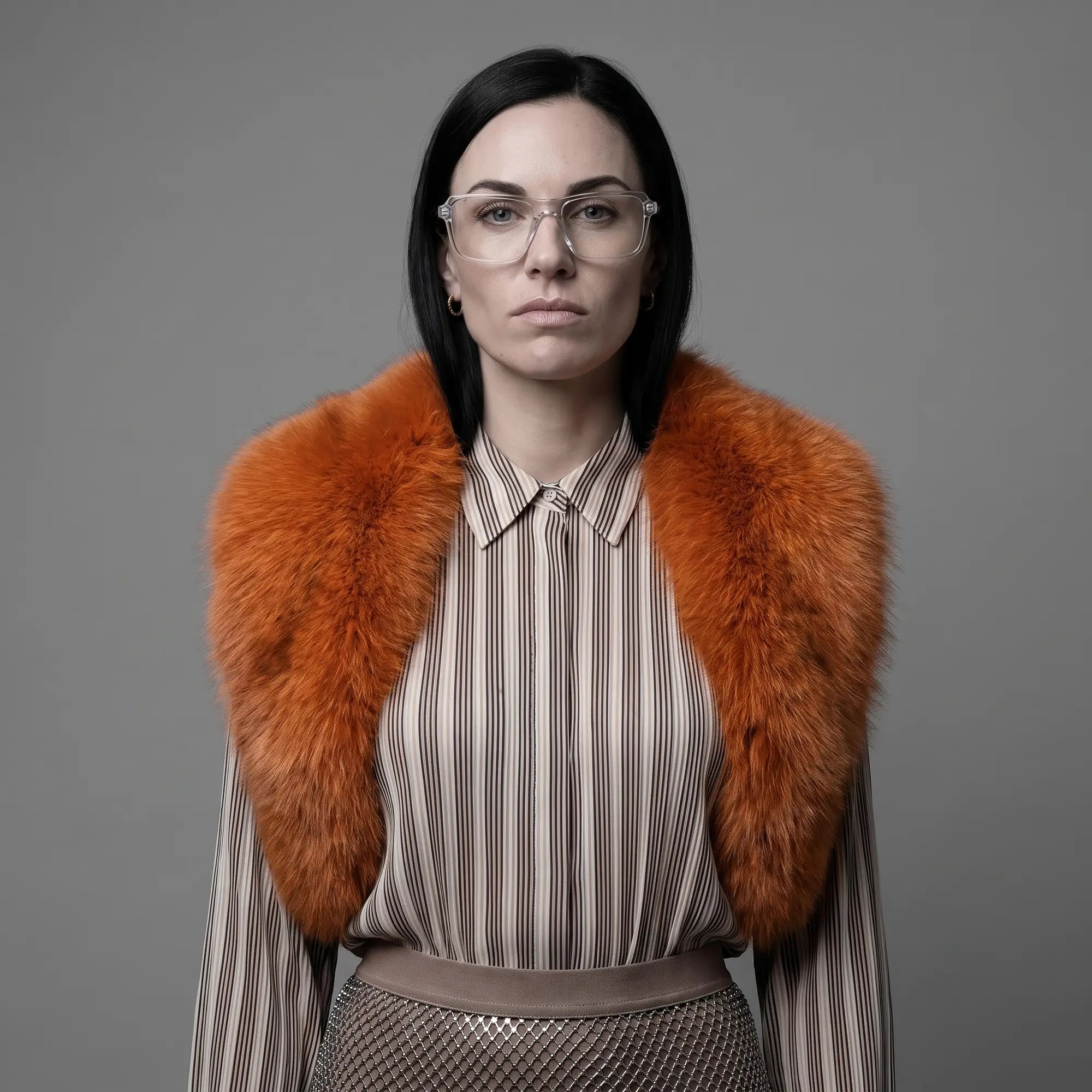 Anteojos Fiore 1038 en transparent, en modelo – retrato de campaña, bold studio pose in vintage tweed