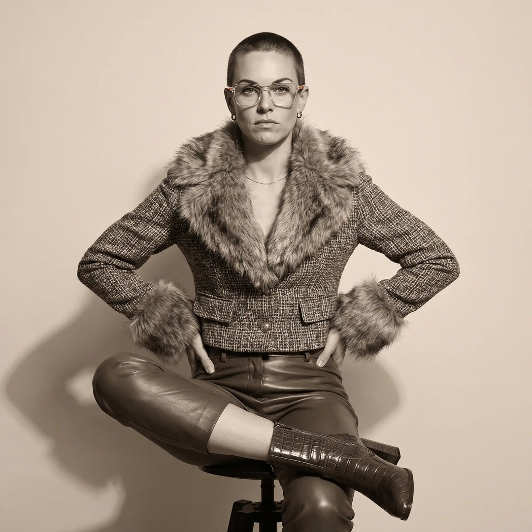 Anteojos Fiore 1038 en transparent, en modelo – retrato de campaña, full-length studio portrait in tweed and leather