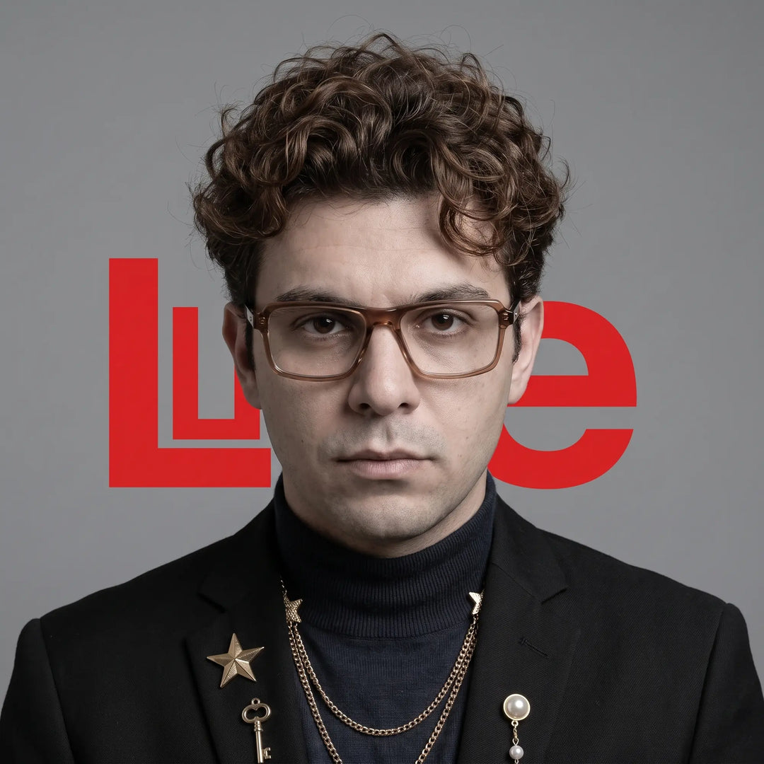 Anteojos Fiore 1038 en café, en modelo – retrato de campaña, graphic studio portrait with bold red shapes