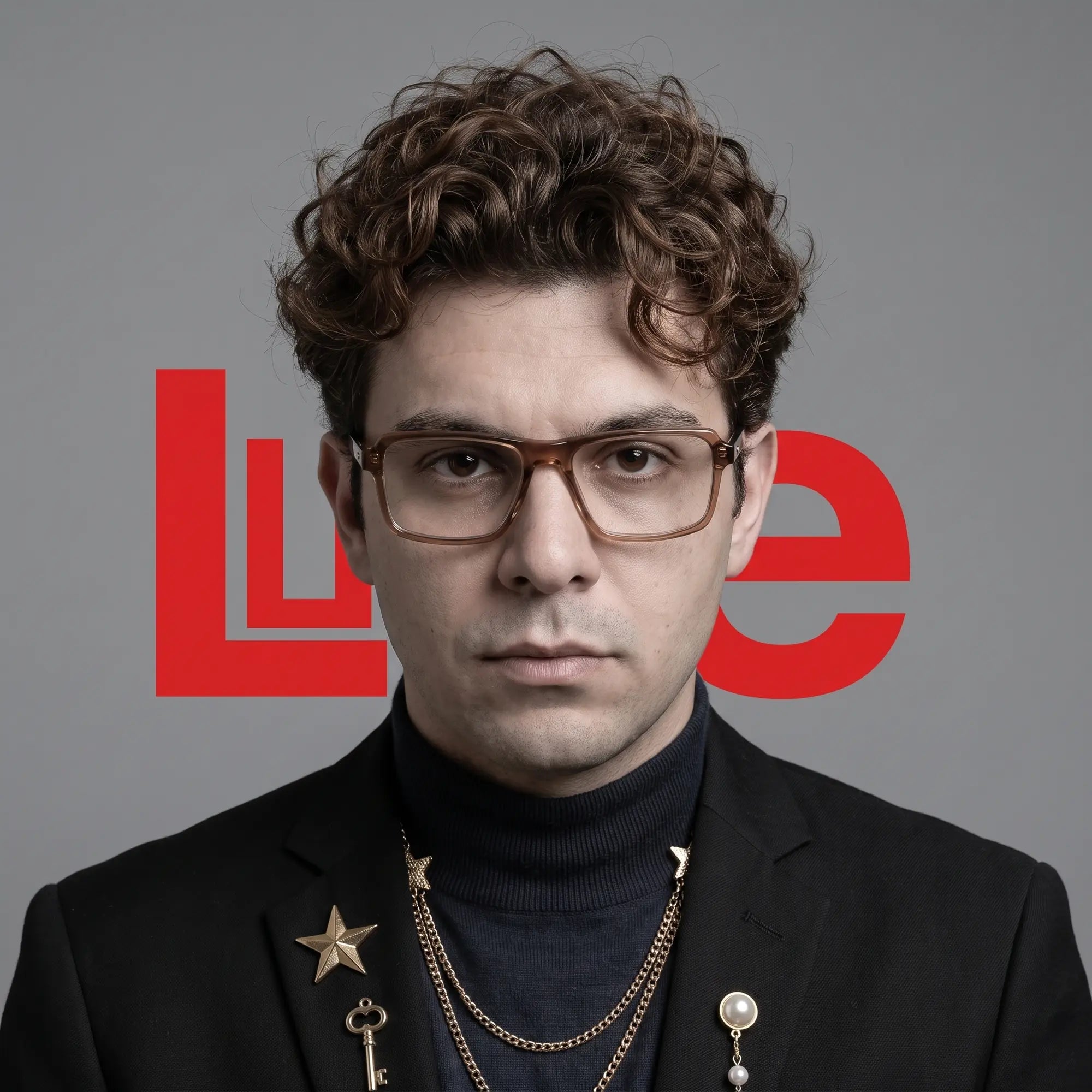 Anteojos Fiore 1038 en café, en modelo – retrato de campaña, graphic studio portrait with bold red shapes