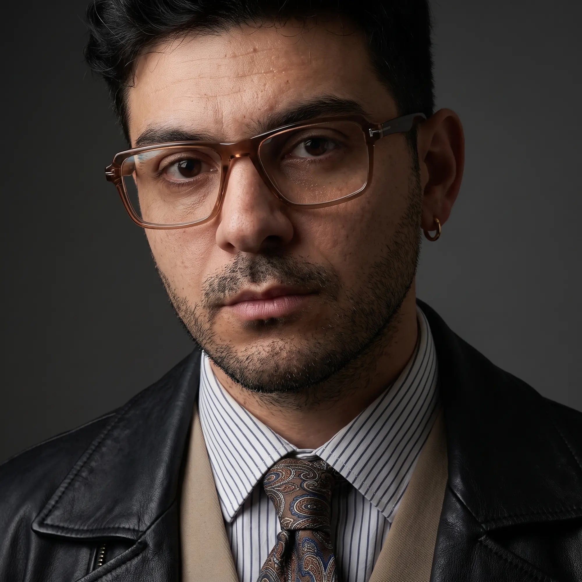 Anteojos Fiore 1038 en café, en modelo – retrato de campaña, minimal studio portrait in soft daylight