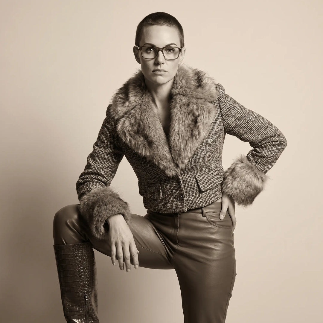 Anteojos Fiore 1038 en café, en modelo – retrato de campaña, full-length studio portrait in tweed and leather