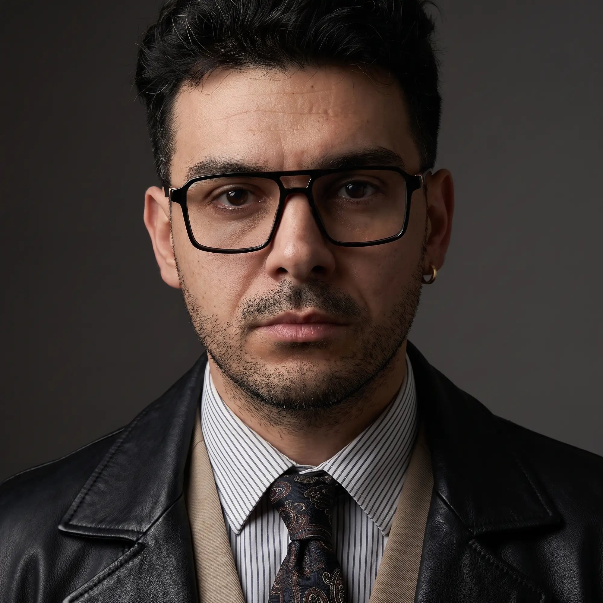 Anteojos Fiore 1039 en negro, en modelo – retrato de campaña, minimal studio portrait in soft daylight