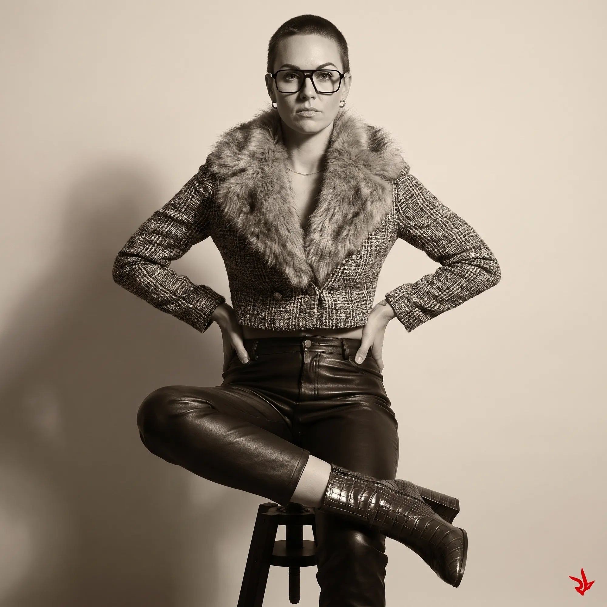 Anteojos Fiore 1039 en negro, en modelo – retrato de campaña, full-length studio portrait in tweed and leather