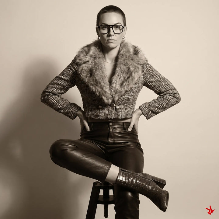 Anteojos Fiore 1039 en negro, en modelo – retrato de campaña, full-length studio portrait in tweed and leather