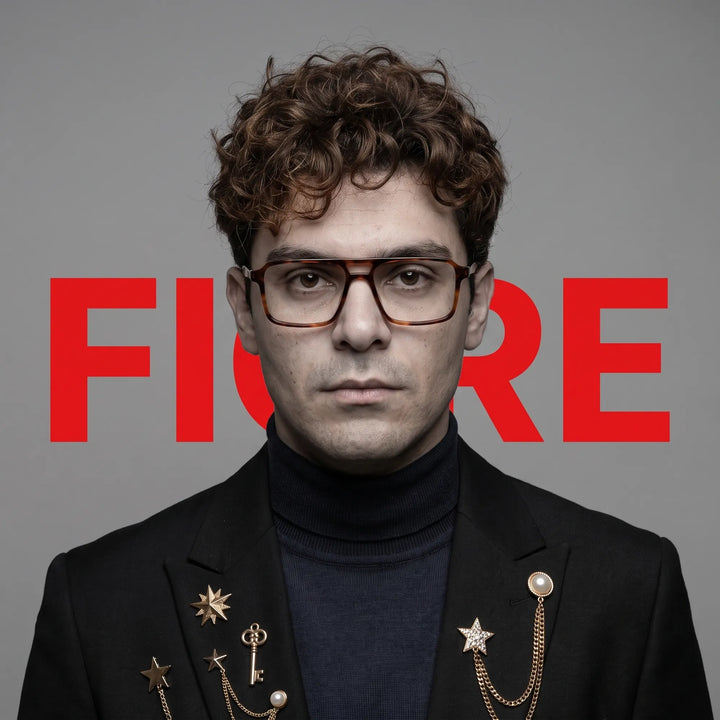Anteojos Fiore 1039 en tortoiseshell, en modelo – retrato de campaña, graphic studio portrait with bold red shapes