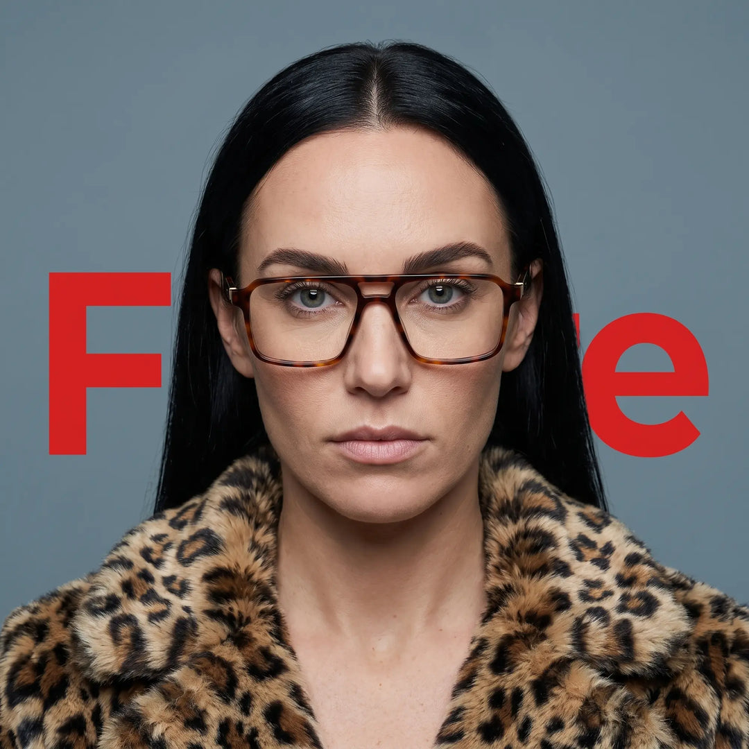 Anteojos Fiore 1039 en tortoiseshell, en modelo – retrato de campaña, studio portrait with sculptural styling