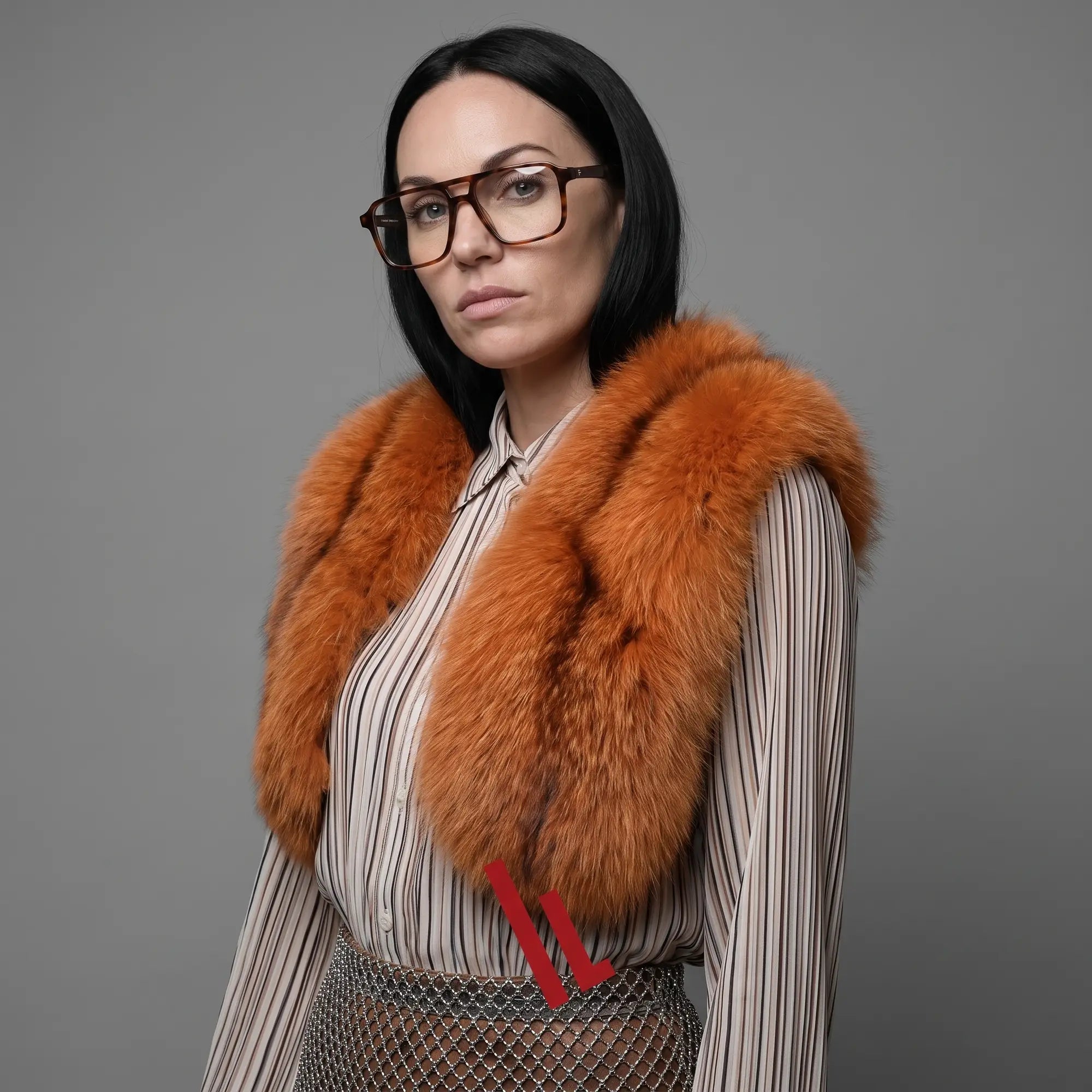 Anteojos Fiore 1039 en tortoiseshell, en modelo – retrato de campaña, bold studio pose in vintage tweed