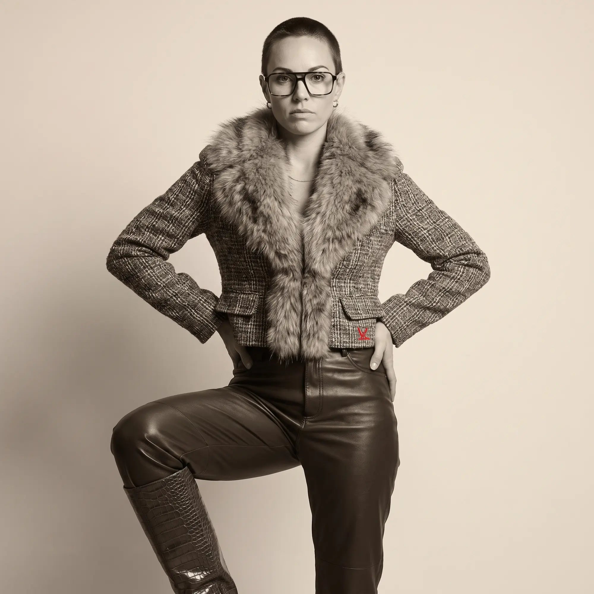 Anteojos Fiore 1039 en tortoiseshell, en modelo – retrato de campaña, full-length studio portrait in tweed and leather
