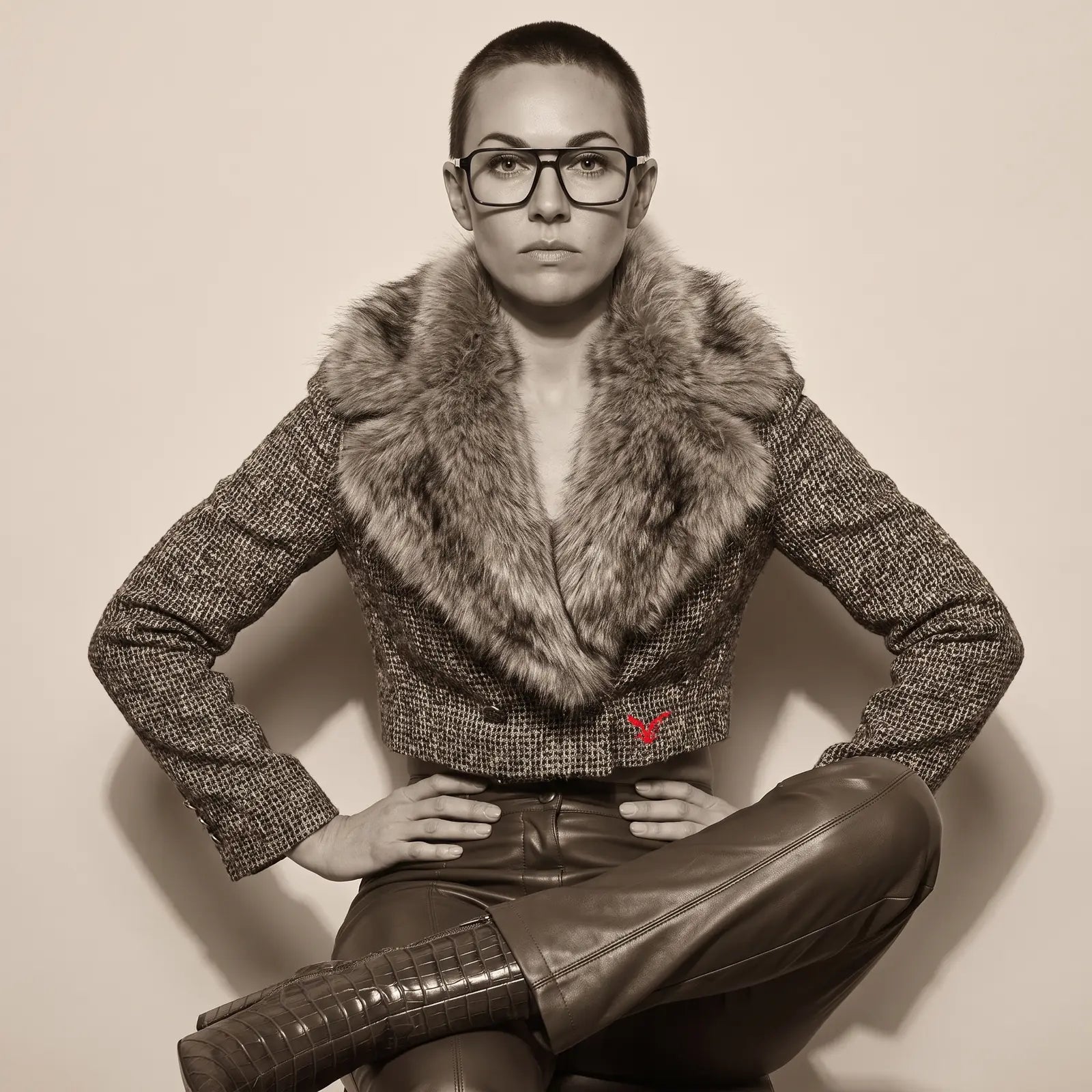 Anteojos Fiore 1039 en azul, en modelo – retrato de campaña, full-length studio portrait in tweed and leather