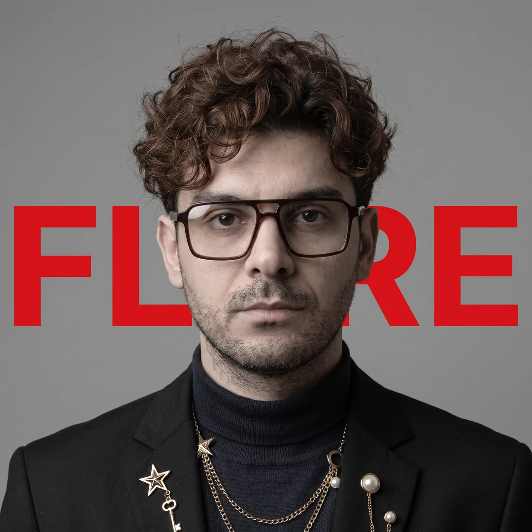 Anteojos Fiore 1039 en café, en modelo – retrato de campaña, graphic studio portrait with bold red shapes